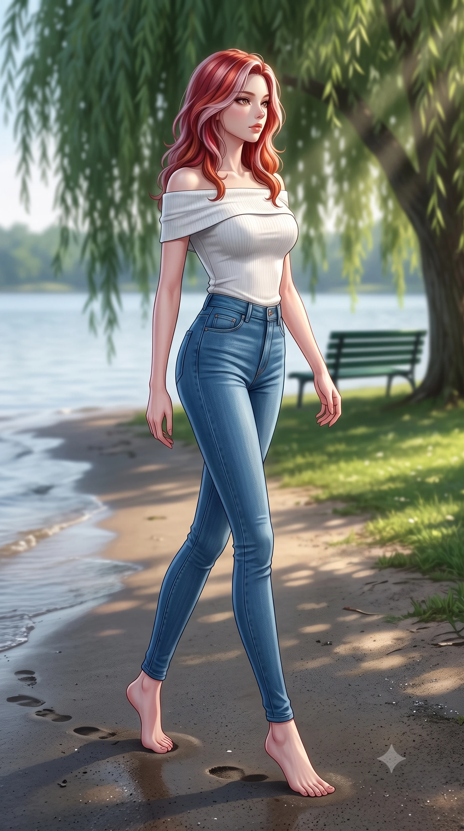 score_9, masterpiece, best quality, ultra-detailed, high-budget anime keyframe, editorial fashion photography, tasteful artistic composition, Caucasian woman woman. low angle full-body shot from head to toe showing her feet, filling the entire 9:16 vertical frame with her statuesque presence, stretching her vertical silhouette. walking slowly along the shoreline, leaving footprints in the wet sand the background shows a soft-focus a green park bench under a large weeping willow tree near a calm lake. She has an absolutely perfect, statuesque 8.5-heads proportion, an exceptionally tall and slender model-like female figure with impossibly long slender legs and an ultra-slim waist. sharp v-shaped jawline, high-bridge nose, intricate jewel-like eyes with depth, thick eyelashes, glossy lips with a natural sheen. wearing a tailored form-contouring white off-shoulder knit top paired with tight-fitting blue skinny jeans. dappled sunbeams filtering through the willow leaves onto the grass. 2k, ultra detail, master piece, 9:16 ratio