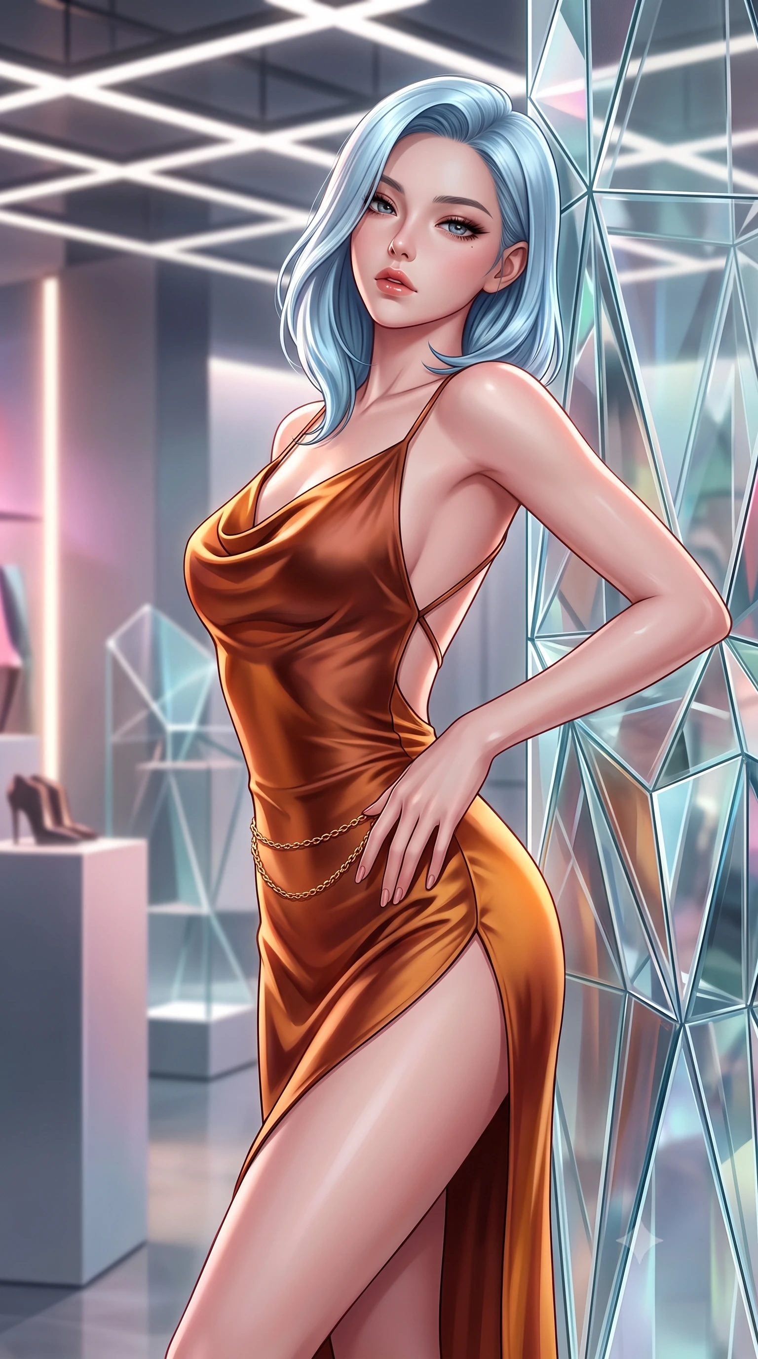 score_9, masterpiece, best quality, ultra-detailed, high-budget anime keyframe, semi-realistic 3D game render, editorial fashion photography, tasteful artistic composition, Korean woman. close-up cowboy shot from the waist and thighs up, the character dominates the composition, filling the frame with her large presence. arching her spine backward with effortless dancer poise, one hand sliding along her hip line as directional light carves specular highlights along her silhouette while leaning against a multi-faceted crystalline glass pillar inspired by origami folds, arching her lower back with high-fashion sovereign poise. The composition keeps background elements in soft focus with creamy bokeh. minimalist fashion pedestals and linear ceiling lighting grids softened in ultra-chic editorial shallow focus. She has an exceptionally elegant, slender, and willowy female figure with an ultra-slim waist, flat toned midriff, narrow ribcage, and sculpted feminine hips creating an alluring, slim hourglass silhouette without bulk. sharp v-shaped jawline, high-bridge nose, intricate jewel-like eyes with depth, thick eyelashes, glossy parted lips with a natural sheen, intensely captivating and seductive bedroom-eyes expression, flawlessly proportioned anatomical accuracy, strict slender model proportions, natural body alignment, perfectly sculpted long slender limbs, ultra-slim waistline, clean dynamic posture without body distortion. wearing a backless cowl-neck satin slip dress featuring high-cut side hip slits and delicate criss-cross back straps in rich copper bronze and warm amber, tailored from liquid silk jersey adhering flawlessly to her slender build, accented with a delicate gold chain belt resting loosely on her curvy hips, the liquid-tight tailored fabric clinging flawlessly to her narrow waist and rounded feminine hips, emphasizing every millimeter of her sculpted slim hourglass curves without any bulky heaviness. bathed in pure, diffused designer architectural lighting and vibrant Tokyo street neon reflections. highly saturated vibrant anime colors, detailed shading with soft gradients, rich glossy textures, high-contrast stereoscopic depth, volumetric dynamic lighting, master piece, 9:16 ratio