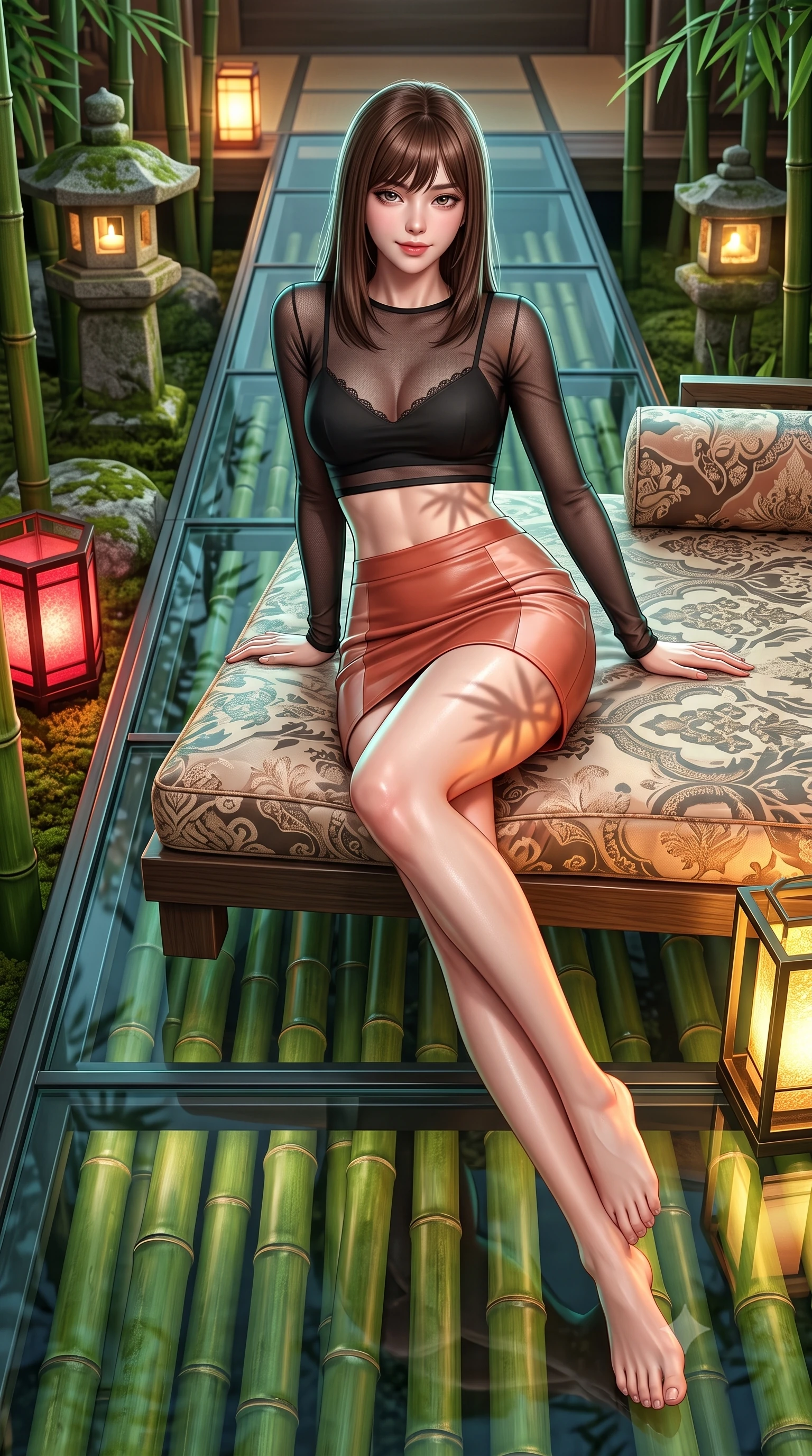 score_9, masterpiece, best quality, ultra-detailed, high-budget anime keyframe, semi-realistic 3D game render, editorial fashion photography, tasteful artistic composition, Korean woman. low angle full-body shot from head to toe showing her feet, filling the entire 9:16 vertical frame with her statuesque presence, stretching her vertical silhouette. lounging on the lavish daybed with legs crossed and hips angled toward the camera, displaying her toned midriff and long slender limbs with effortless siren poise while twisting her slender torso in an alluring contrapposto stance, rustling bamboo shadows and warm lantern glows dancing across her flat midriff and hips. The surrounding environment is rendered in vivid detail and crisp panoramic clarity: sharp textured green bamboo joint rings, mossy stone lantern carving, and clear glass walkway joints in deep focus. She has an absolutely perfect, statuesque 8.5-heads proportion, an exceptionally tall and slender model-like female figure with impossibly long slender legs, an ultra-slim waist, a flat toned midriff, narrow delicate ribcage, and beautifully sculpted feminine hips creating a graceful, slim hourglass silhouette without any bulky heaviness. sharp v-shaped jawline, high-bridge nose, sparkling eyes with hypnotic seductive depth, thick curled eyelashes, glossy parted lips with a natural dewy peach sheen, alluring bedroom-eyes with an enchanting coquettish smile, exuding magnetic siren charisma and sophisticated glamour, flawlessly proportioned anatomical accuracy, strict slender model proportions, natural body alignment, perfectly sculpted long slender limbs, ultra-slim waistline, clean dynamic posture without body distortion. wearing a sheer mesh long-sleeve crop top over an opaque strappy micro-bralette and a sleek leatherette mini skirt in Positano terracotta and blush peach, woven from buttery-soft stretch lambskin leather adhering to her body like a second skin, finished with scalloped eyelash lace trim framing her sweetheart neckline with intimate elegance, the glove-like clinging cut tightly following the natural contour of her hips and long slender legs with youthful 8.5-heads elegance. illuminated by glass walkway reflection bounce and sharp jade-platinum rim lights defining her razor-sharp jawline, narrow waist, and curvy hips. highly saturated vibrant anime colors, detailed shading with soft gradients, rich glossy textures, high-contrast stereoscopic depth, volumetric dynamic lighting, master piece, 9:16 ratio
