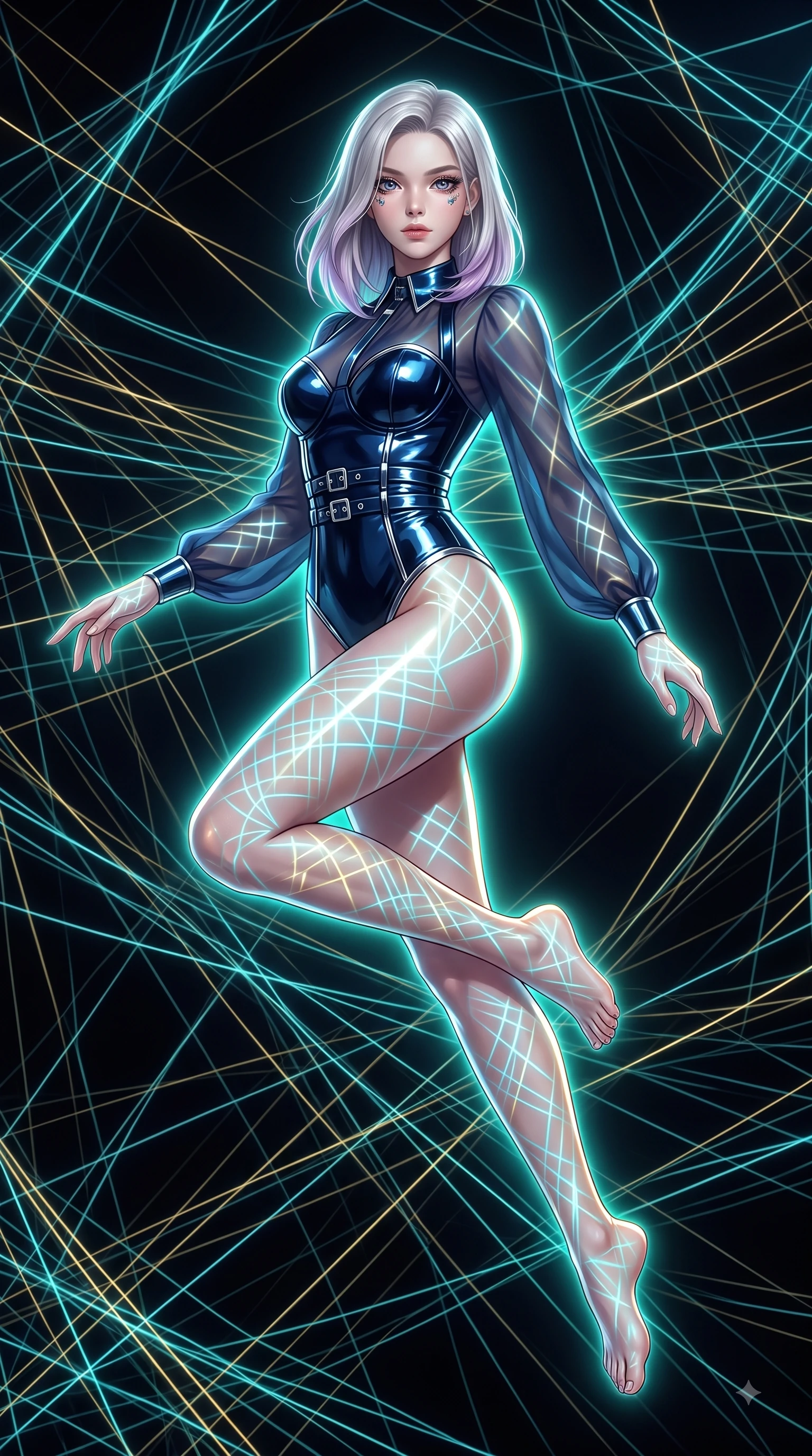 score_9, masterpiece, best quality, ultra-detailed, high-budget anime keyframe, editorial fashion photography, tasteful artistic composition, Caucasian woman. low angle full-body shot from head to toe showing her feet, filling the entire 9:16 vertical frame with her statuesque presence, stretching her vertical silhouette. leaping gracefully through mid-air with statuesque elegance, her impossibly long slender legs stretched in perfect balance while standing in a dark void woven with thousands of cyan and gold light threads in a seductive pose, intricate geometric lattice patterns of light projected onto her skin and clothing. She has an absolutely perfect, statuesque 8.5-heads proportion, an exceptionally tall and slender model-like female figure with impossibly long slender legs and an ultra-slim waist. sharp v-shaped jawline, high-bridge nose, intricate jewel-like eyes with depth, thick eyelashes, glossy lips with a natural sheen, flawlessly proportioned anatomical accuracy, natural body alignment, perfectly sculpted elegant limbs, clean dynamic posture without body distortion. wearing a tailored leather bustier over a sheer silk chiffon blouse in midnight navy blue and chrome trim, tailored from high-gloss patent leather, detailed with polished silver buckles along the waistline, the glove-like fit emphasizing her statuesque silhouette during motion. surrounded by a vibrant fluorescent aura with bright specular rim lights. ultra-reflective glossy finish, specular highlights, metallic sheen, high-contrast stereoscopic depth, volumetric dynamic lighting, 2k, ultra detail, master piece, 9:16 ratio