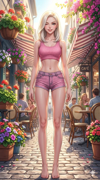 score_9, masterpiece, best quality, ultra-detailed, high-budget anime keyframe, vibrant anime aesthetic, Caucasian woman, strictly human ears. low angle full-body shot from head to toe showing her feet, filling the entire 9:16 vertical frame with her