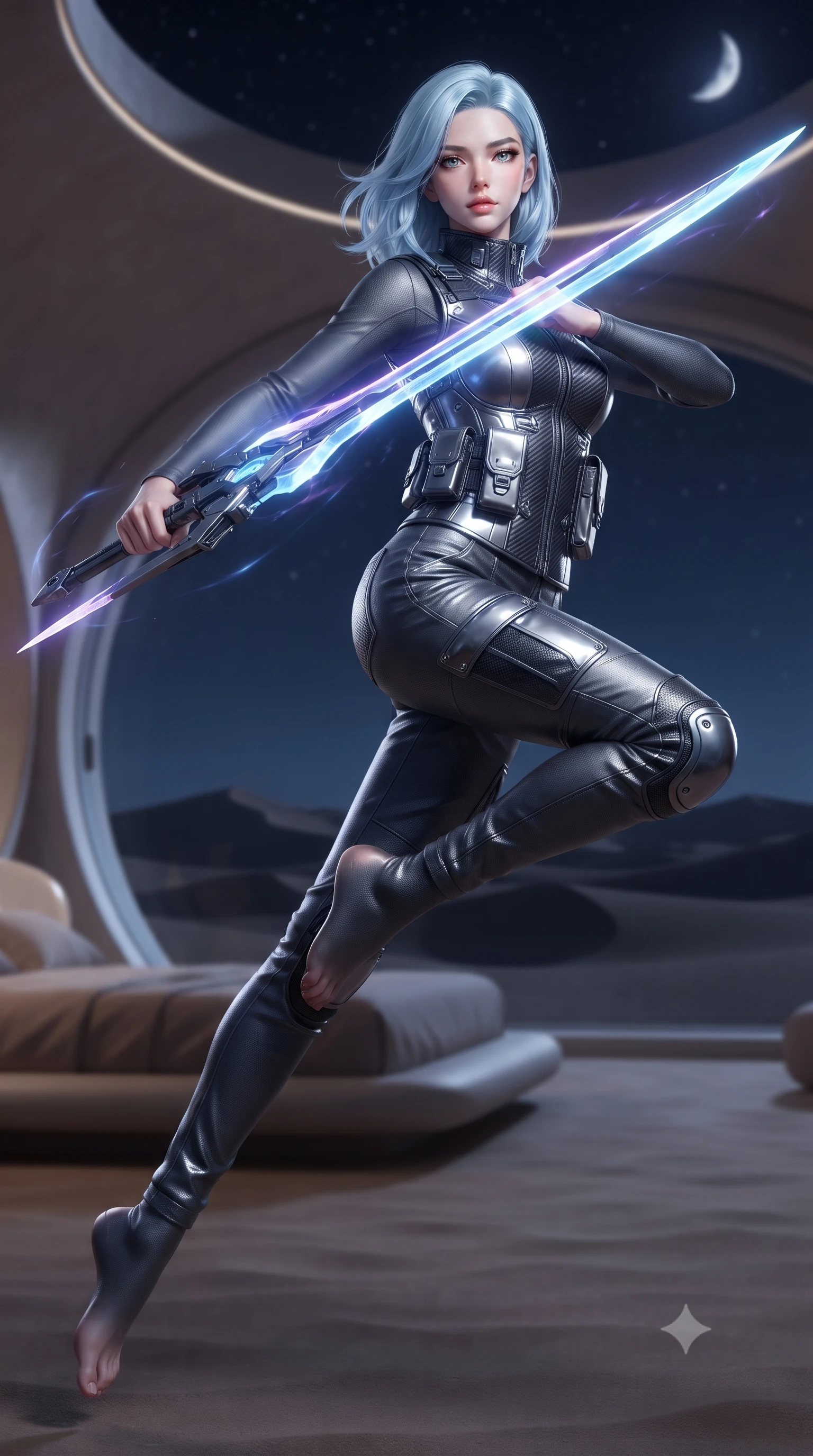 score_9, masterpiece, best quality, ultra-detailed, high-budget anime keyframe, editorial fashion photography, tasteful artistic composition, Korean woman. low angle full-body shot from head to toe showing her feet, filling the entire 9:16 vertical frame with her statuesque presence, stretching her vertical silhouette. leaping forward while slashing with a twin-bladed plasma sword in mid-air, her body-contouring suit showing her athletic silhouette, the background shows a soft-focus a desert dome bedroom built in the middle of a vast sand desert at night. She has an absolutely perfect, statuesque 8.5-heads proportion, an exceptionally tall and slender model-like female figure with impossibly long slender legs and an ultra-slim waist. sharp v-shaped jawline, high-bridge nose, intricate jewel-like eyes with depth, thick eyelashes, glossy lips with a natural sheen. wearing a slim-fit tailored high-collar carbon-plated tactical vest worn over a high-neck protective utility undershirt and reinforced cargo pants. soft silver moonlight wrapping her silhouette in a cool cosmic glow. ultra-reflective glossy finish, specular highlights, metallic sheen, high-contrast stereoscopic depth, volumetric dynamic lighting, 2k, ultra detail, master piece, 9:16 ratio