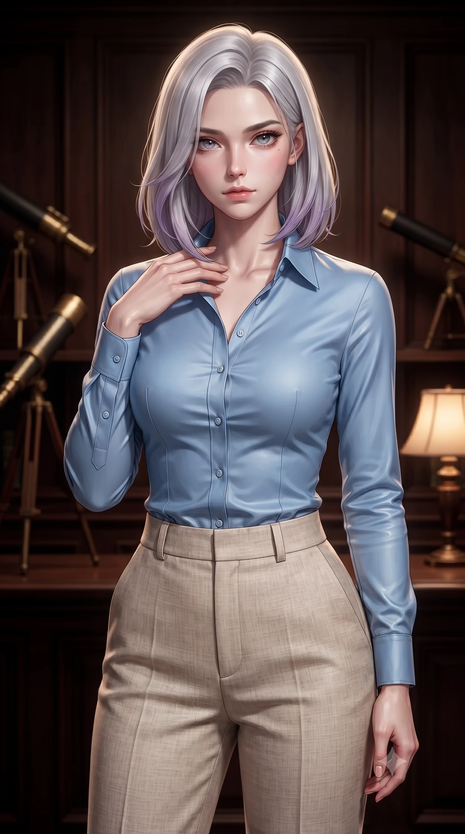score_9, masterpiece, best quality, ultra-detailed, high-budget anime keyframe, editorial fashion photography, tasteful artistic composition, Caucasian woman. close-up cowboy shot from the waist and thighs up, the character dominates the composition, filling the frame with her large presence, background elements kept in soft focus. standing with one hand resting on her collarbone, looking at the viewer with bedroom-eyes the background shows a soft-focus a theater box alcove with dark wood panels and antique telescopes. She has an exceptionally elegant, slender, and willowy female figure with an ultra-slim waist, a gracefully sculpted slender torso, and a refined silhouette. sharp v-shaped jawline, high-bridge nose, intricate jewel-like eyes with depth, thick eyelashes, glossy lips with a natural sheen. wearing a body-hugging tailored sky blue button-down shirt tucked into high-waisted beige linen trousers. warm amber desk lamp glow creating a quiet, intellectual ambiance. ultra-reflective glossy finish, specular highlights, metallic sheen, high-contrast stereoscopic depth, volumetric dynamic lighting, 2k, ultra detail, master piece, 9:16 ratio