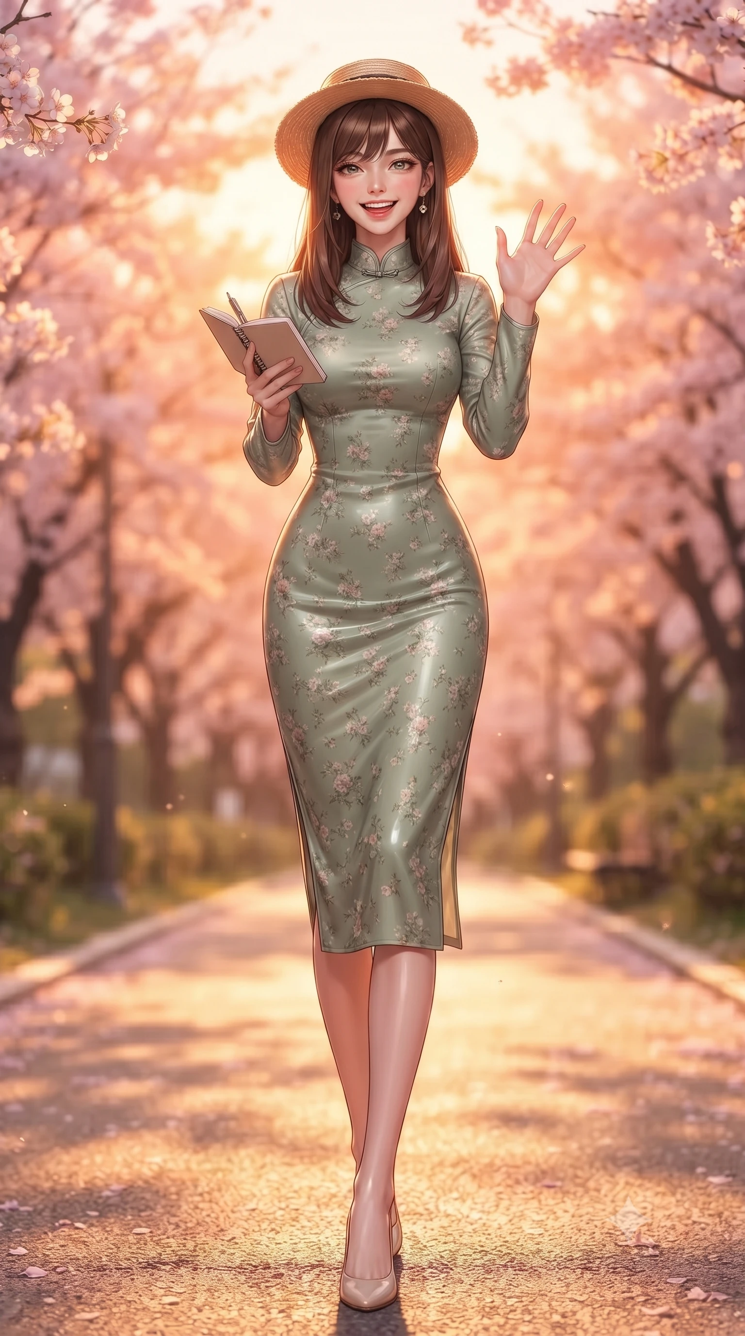 score_9, masterpiece, best quality, ultra-detailed, high-budget anime keyframe, editorial fashion photography, tasteful artistic composition, Korean woman. low angle full-body shot from head to toe showing her feet, filling the entire 9:16 vertical frame with her statuesque presence, stretching her vertical silhouette. stepping forward with a bright, cheerful smile, waving happily at the viewer set against a soft-focus background of walking down a park path lined with blooming pink cherry blossom trees with a cute straw hat and a small notebook in her hand. She has an absolutely perfect, statuesque 8.5-heads proportion, an exceptionally tall and slender model-like female figure with impossibly long slender legs and an ultra-slim waist. sharp v-shaped jawline, high-bridge nose, intricate jewel-like eyes with depth, thick eyelashes, glossy lips with a natural sheen. wearing slim-fit lovely floral print midi dress in sage green, featuring a high collar and long sleeves. golden hour sunset light casting a warm, romantic orange glow over the field. ultra-reflective glossy finish, specular highlights, metallic sheen, high-contrast stereoscopic depth, volumetric dynamic lighting, 2k, ultra detail, master piece, 9:16 ratio