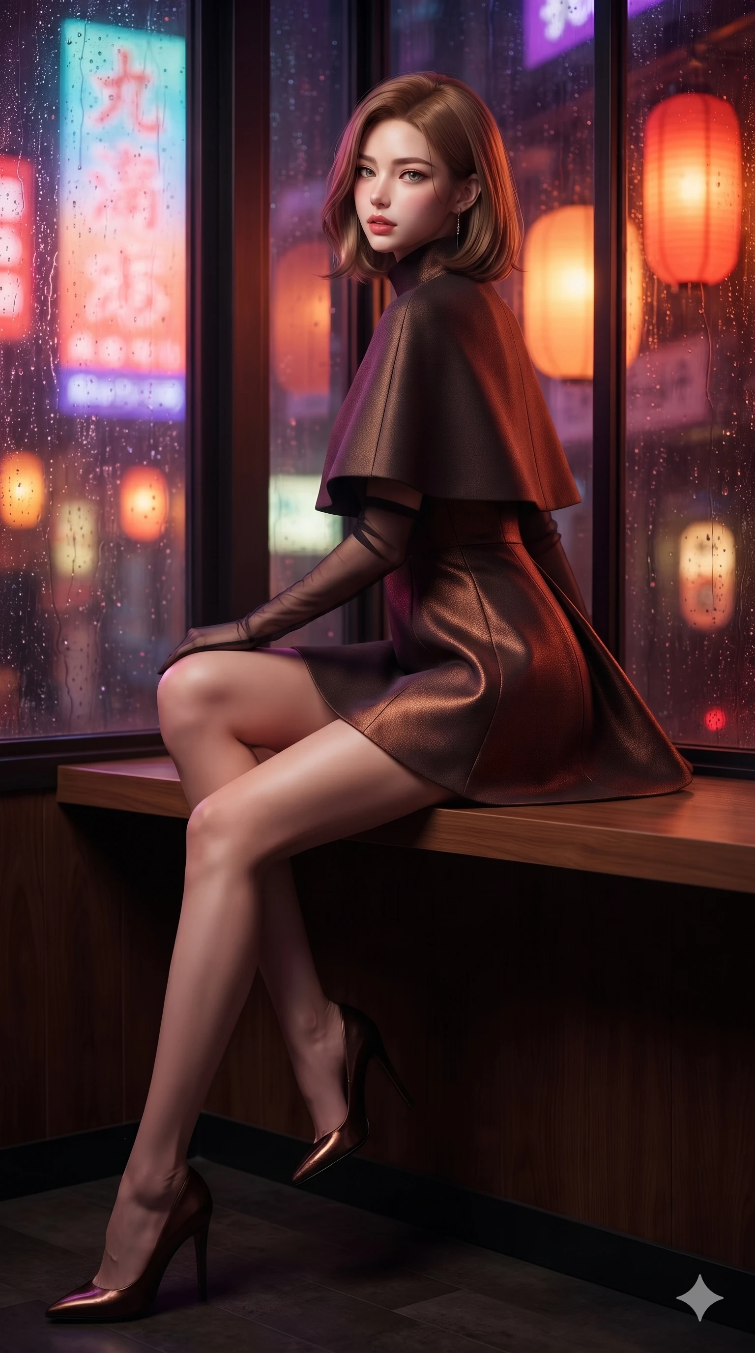 score_9, masterpiece, best quality, ultra-detailed, high-budget anime keyframe, editorial fashion photography, tasteful artistic composition, Korean woman. low angle full-body shot from head to toe showing her feet, filling the entire 9:16 vertical frame with her statuesque presence, stretching her vertical silhouette. executing a slow, graceful pivot turn as her garment sways around her slender legs, glancing back with an enchanting, teasing sensual expression while sitting perched on the polished wood window bench with legs crossed, looking over her bare shoulder with parted glossy lips and magnetic siren charisma. The background shows a soft-focus holographic kanji billboards, streaming rain outside glass panels, and warm paper lantern glows blurred into vermilion, amber, and deep violet bokeh. She has an absolutely perfect, statuesque 8.5-heads proportion, an exceptionally tall and slender model-like female figure with impossibly long slender legs, an ultra-slim waist, a flat toned midriff, narrow delicate ribcage, and beautifully sculpted feminine hips creating a graceful, slim hourglass silhouette without any bulky heaviness. sharp v-shaped jawline, high-bridge nose, sparkling eyes with hypnotic seductive depth, thick curled eyelashes, glossy parted lips with a natural dewy peach sheen, alluring bedroom-eyes with an enchanting coquettish smile, exuding magnetic siren charisma and sophisticated glamour, flawlessly proportioned anatomical accuracy, strict slender model proportions, natural body alignment, perfectly sculpted long slender limbs, ultra-slim waistline, clean dynamic posture without body distortion. wearing a tailored Nordic wool capelet dress with high funnel collar and subtle A-line silhouette in sultry espresso bronze and metallic copper, crafted from architectural Japanese double-weave crepe with crisp sculptural silhouettes, complemented by sheer opera-length evening gloves tracing her slender arms, the bespoke structured tailoring following the natural line of her 8.5-heads silhouette with refined elegance. bathed in dynamic shifting multi-color neon light transmitted through rain-streaked exterior glass. ultra-reflective glossy finish, specular highlights, rich textural contrasts, high-contrast stereoscopic depth, volumetric dynamic lighting, 2k, ultra detail, master piece, 9:16 ratio