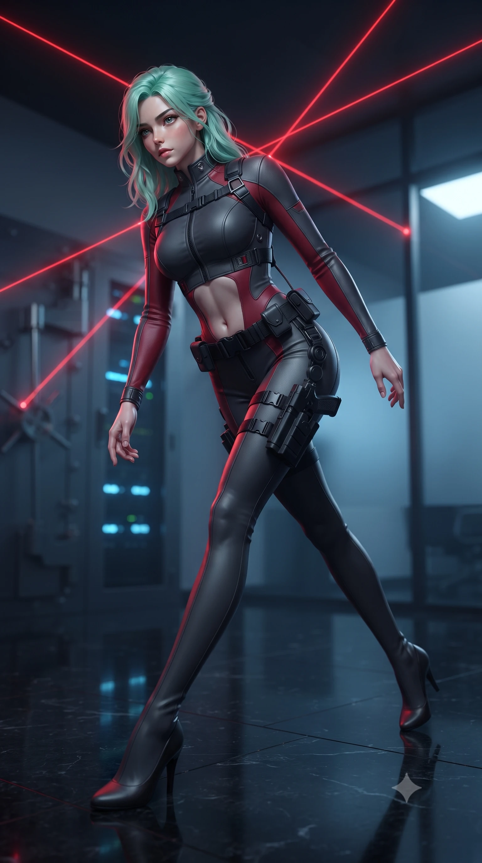 score_9, masterpiece, best quality, ultra-detailed, high-budget anime keyframe, editorial fashion photography, tasteful artistic composition, Japanese woman. low angle full-body shot from head to toe showing her feet, filling the entire 9:16 vertical frame with her statuesque presence, stretching her vertical silhouette. striding forward in a proud, dynamic supermodel runway stride, her statuesque vertical silhouette commanding the entire frame while pivoting dynamically across the polished black granite floor, one hand planted as lasers criss-cross inches above her back. The composition keeps background elements in soft focus with creamy bokeh. heavy vault door locking bolts and frosted glass partition walls softened in moody shallow depth of field. She has an absolutely perfect, statuesque 8.5-heads proportion, an exceptionally tall and slender model-like female figure with impossibly long slender legs, a toned flat midriff, and an ultra-slim waist. sharp v-shaped jawline, high-bridge nose, intricate jewel-like eyes with depth, thick eyelashes, glossy lips with a natural sheen, captivating and magnetic expression, flawlessly proportioned anatomical accuracy, strict slender model proportions, natural body alignment, perfectly sculpted long slender limbs, ultra-slim waistline, clean dynamic posture without body distortion. wearing a sophisticated covert-ops catsuit with liquid jersey panels and quick-draw thigh holsters in matte graphite and blood-crimson accents, crafted from matte cybernetic vinyl with concealed magnetic locks, equipped with a grappling cable spool mechanism and tactical waist belt, the precision-cut daring openings accentuating her delicate midriff, graceful bare collarbones, and ultra-slim feminine waistline. bathed in dramatic intersecting red laser beam illumination and cool blue server indicator glow. ultra-reflective glossy finish, specular highlights, rich textural contrasts, high-contrast stereoscopic depth, volumetric dynamic lighting, 2k, ultra detail, master piece, 9:16 ratio