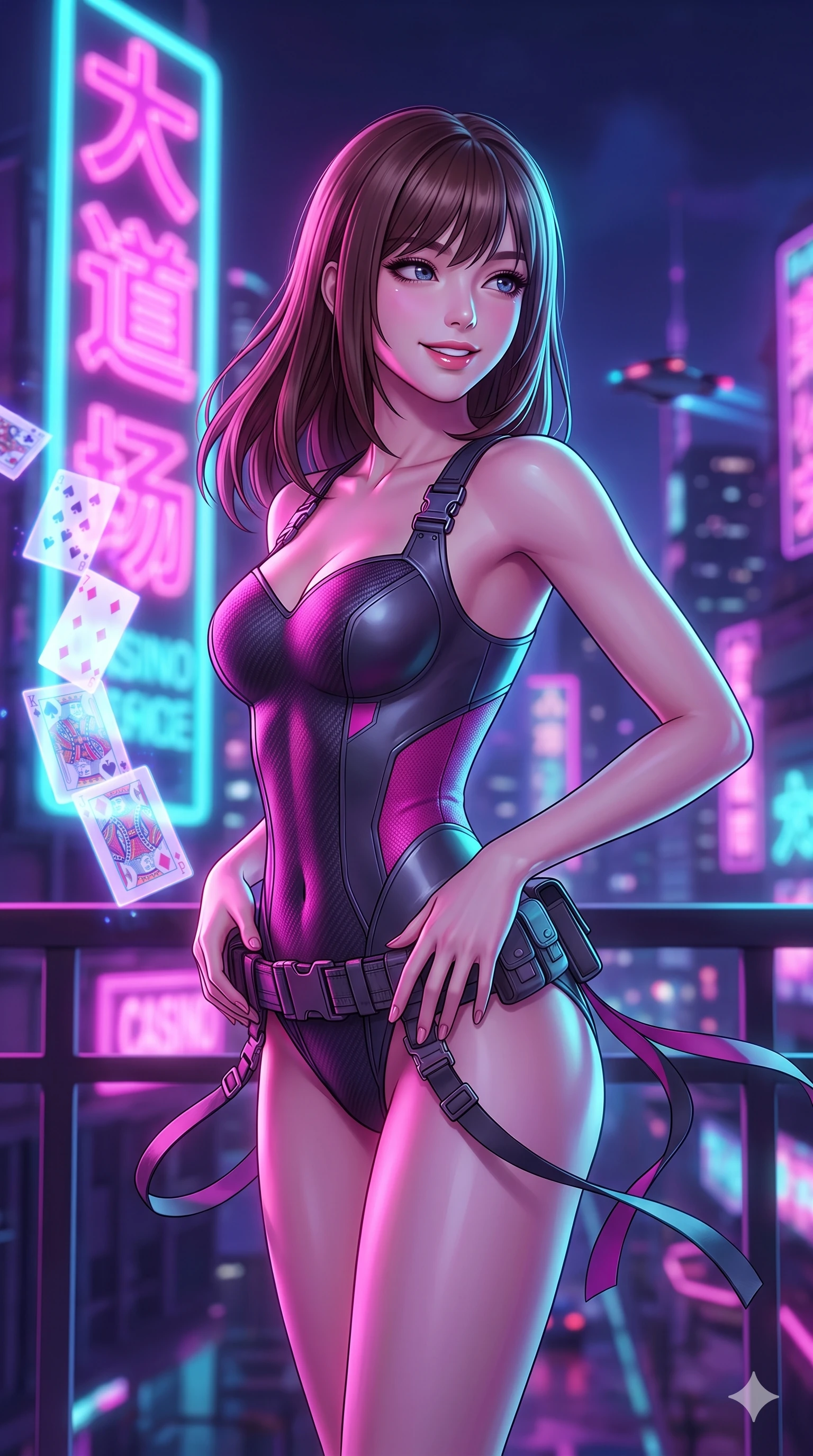 score_9, masterpiece, best quality, ultra-detailed, high-budget anime keyframe, semi-realistic 3D game render, editorial fashion photography, tasteful artistic composition, Korean woman. close-up cowboy shot from the waist and thighs up, the character dominates the composition, filling the frame with her large presence. resting both hands lightly on her tactical utility belt, arching her spine to highlight her narrow waist, flat midriff, and breathtaking collarbones while executing a cheerful mid-motion pivot turn as her tactical belt and ribbons flutter around her slender legs, glancing over her shoulder with an intoxicating, teasing bedroom-gaze while standing on the open casino balcony. The background shows a soft-focus colossal towering neon kanji billboards, streams of holographic playing cards, and distant flying traffic blurred into magenta, electric cyan, and deep purple bokeh. She has an exceptionally elegant, slender, and willowy female figure with an ultra-slim waist, flat toned midriff, narrow ribcage, and sculpted feminine hips creating an alluring, slim hourglass silhouette without bulk. sharp v-shaped jawline, high-bridge nose, intricate jewel-like sparkling eyes with depth, thick eyelashes, glossy parted lips with a natural sheen, bright confident smile with an enchanting and coquettish sensual glint, exuding both youthful magnetic charm and sovereign high-tech allure, flawlessly proportioned anatomical accuracy, strict slender model proportions, natural body alignment, perfectly sculpted long slender limbs, ultra-slim waistline, clean dynamic posture without body distortion. wearing a dense tactical compression bodysuit with sweetheart neckline contouring her delicate ribcage and feminine hips in deep titanium gunmetal and radiant magenta neon, crafted from lightweight aerodynamic matte carbon-fiber weave with structural stiffness, finished with high-tension magnetic quick-release clasps glinting along her collarbones, the liquid-tight tailored fabric clinging flawlessly to her narrow waist and rounded feminine hips, emphasizing every millimeter of her sculpted slim hourglass curves without any bulky heaviness. bathed in the vibrant, highly saturated glow of magenta, electric cyan, and ultraviolet neon billboards. highly saturated vibrant anime colors, detailed shading with soft gradients, rich glossy textures, high-contrast stereoscopic depth, volumetric dynamic lighting, master piece, 9:16 ratio