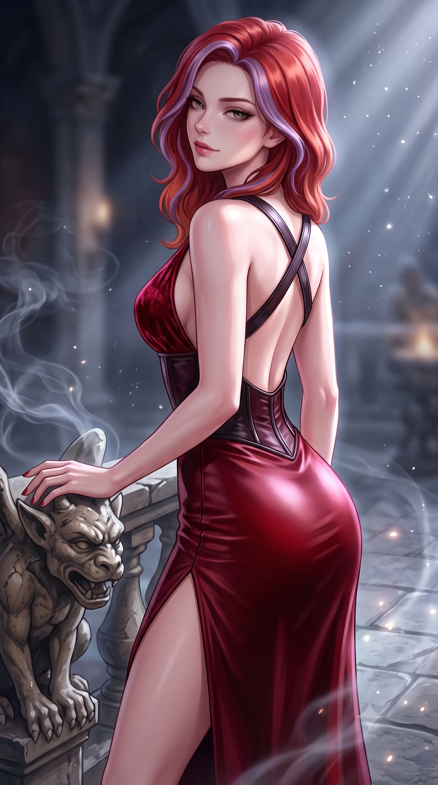 score_9, masterpiece, best quality, ultra-detailed, high-budget anime keyframe, semi-realistic 3D game render, editorial fashion photography, tasteful artistic composition, Caucasian woman. close-up cowboy shot from the waist and thighs up, the character dominates the composition, filling the frame with her large presence. tilting her chin up with proud, sovereign allure while gazing through thick eyelashes with an irresistible, dangerous bedroom-gaze while resting one hand against a weathered gargoyle balustrade, looking back over her shoulder with an aloof, sovereign smirk. The composition keeps background elements in soft focus with creamy bokeh. drifting incense smoke and lunar light rays scattering ethereal radiant motes across the stone flags. She has an exceptionally elegant, slender, and willowy female figure with an ultra-slim waist, a gracefully sculpted slender torso, toned flat midriff, and a refined slim silhouette. sharp v-shaped jawline, high-bridge nose, intricate jewel-like eyes with depth, thick eyelashes, glossy parted lips with a natural sheen, intensely captivating and seductive expression, flawlessly proportioned anatomical accuracy, strict slender model proportions, natural body alignment, perfectly sculpted long slender limbs, ultra-slim waistline, clean dynamic posture without body distortion. wearing a plunging-V neckline crushed velvet corseted evening gown with an open scooped back and high-cut thigh slit in dramatic crimson and polished obsidian, crafted from supple second-skin lambskin leather with specular sheen, featuring an open-back criss-cross harness strap in dark leather, the liquid-tight tailored fabric emphasizing every curve of her tall, slender model proportions and sculptured silhouette during dynamic movement. surrounded by an immortal, transcendent, and breathtakingly majestic gothic siren aura. highly saturated vibrant anime colors, detailed shading with soft gradients, rich glossy textures, high-contrast stereoscopic depth, volumetric dynamic lighting, master piece, 9:16 ratio