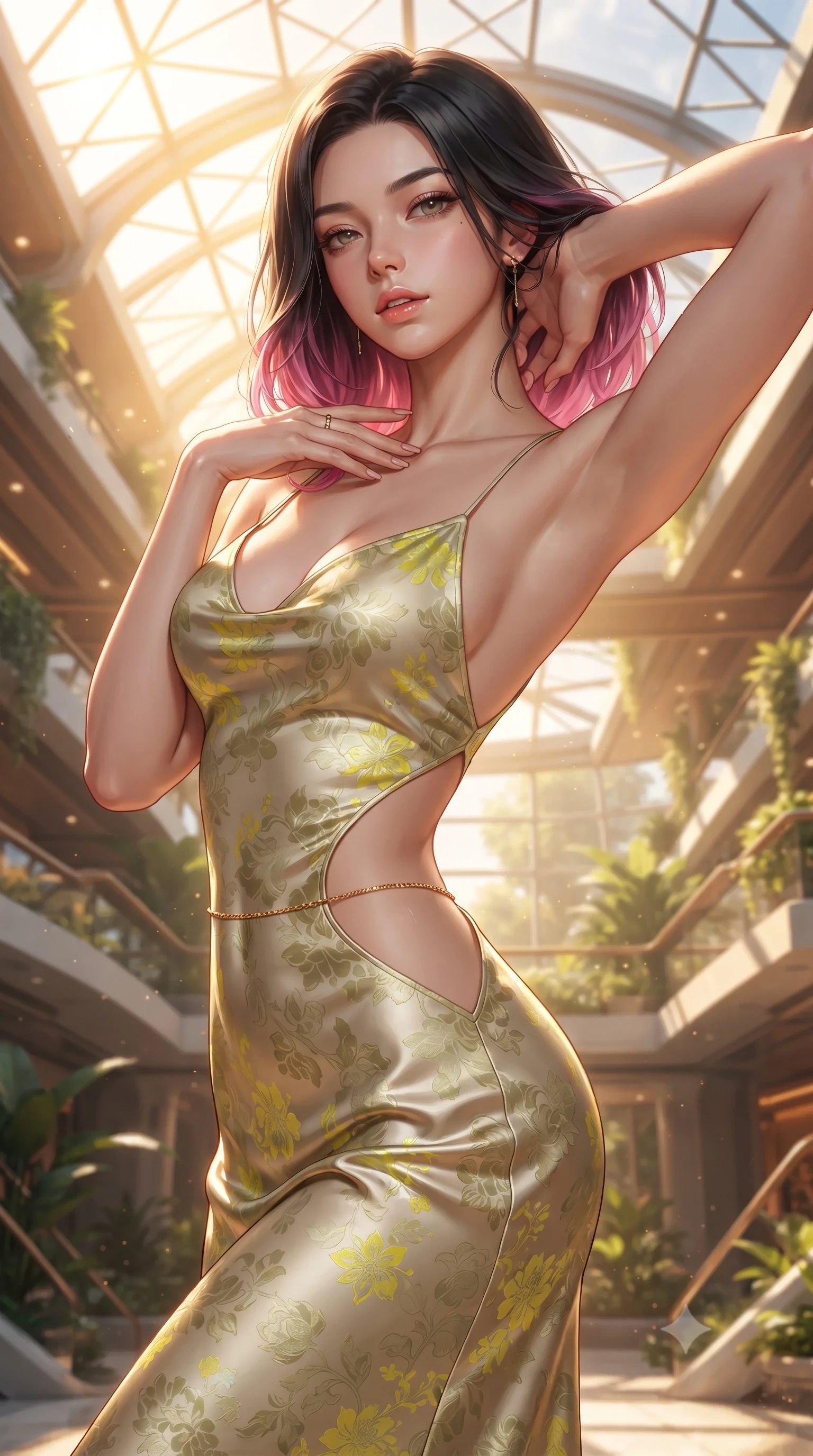 score_9, masterpiece, best quality, ultra-detailed, high-budget anime keyframe, editorial fashion photography, tasteful artistic composition, Korean woman. close-up cowboy shot from the waist and thighs up, the character dominates the composition, filling the frame with her large presence. resting one manicured hand delicately on her bare collarbone, her upper body twisting in a fluid, voluptuous yet slender curve while stretching languidly as golden afternoon sunlight warms her bare shoulders, gazing into the lens with relaxed sensuality. The surrounding environment is rendered in vivid detail and crisp panoramic clarity. bright sunlit solarpunk chiaroscuro and cutting-edge eco-sanctuary aesthetics in high clarity. She has an exceptionally elegant, slender, and willowy female figure with an ultra-slim waist, a gracefully sculpted slender torso, toned flat midriff, and a refined slim silhouette. sharp v-shaped jawline, high-bridge nose, intricate jewel-like eyes with depth, thick eyelashes, glossy parted lips with a natural sheen, intensely captivating and seductive expression, flawlessly proportioned anatomical accuracy, strict slender model proportions, natural body alignment, perfectly sculpted long slender limbs, ultra-slim waistline, clean dynamic posture without body distortion. wearing a radiant champagne silk slip dress with an ultra-deep plunging back and delicate thin straps in olive leaf green and bright solar yellow, tailored from smooth liquid silk satin with subtle floral jacquard, accented with an ultra-slim golden waist chain accentuating her flat midriff, the precision-cut architectural openings accentuating her delicate midriff, graceful bare collarbones, and feminine curves with statuesque precision. bathed in glorious golden hour sunlight streaming through the solar glass ceiling. ultra-reflective glossy finish, specular highlights, rich textural contrasts, high-contrast stereoscopic depth, volumetric dynamic lighting, 2k, ultra detail, master piece, 9:16 ratio