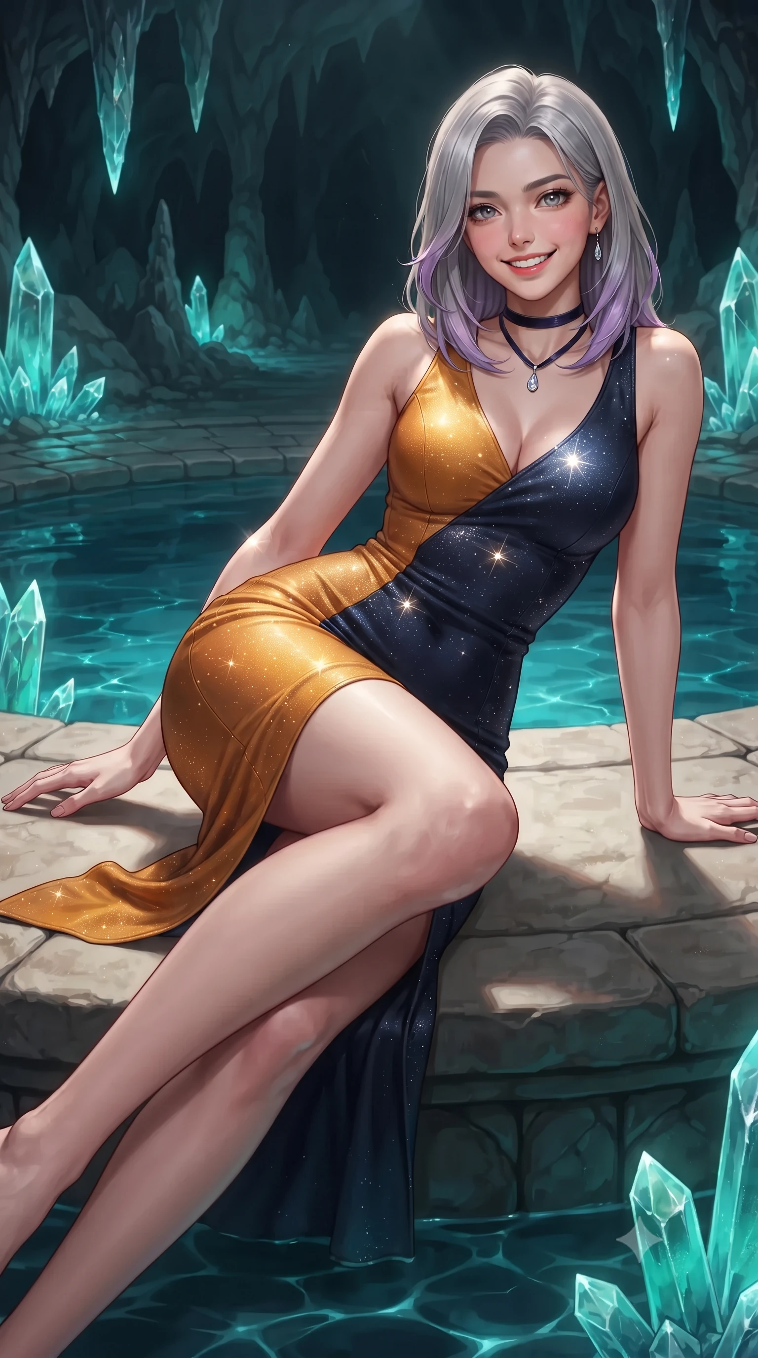 score_9, masterpiece, best quality, ultra-detailed, high-budget anime keyframe, editorial fashion photography, tasteful artistic composition, Caucasian woman. close-up cowboy shot from the waist and thighs up, the character dominates the composition, filling the frame with her large presence. perched sideways on the lounge seat, one knee drawn up to showcase her slender leg line while her arched back accentuates her feminine hip curve while reclining gracefully across the flat limestone ledge propped on one elbow with legs extended, displaying her long slender limbs and statuesque hourglass silhouette in the sacred sanctuary. The surrounding environment is rendered in vivid detail and crisp panoramic clarity: sharp dripstone mineral crystal facets, circular stone walkway textures, and crystal-clear underground pool water caustics in deep focus. She has an exceptionally elegant, slender, and willowy female figure with an ultra-slim waist, flat toned midriff, narrow ribcage, and sculpted feminine hips creating an alluring, slim hourglass silhouette without bulk. sharp v-shaped jawline, high-bridge nose, intricate jewel-like sparkling eyes with depth, thick eyelashes, glossy parted lips with a natural peach sheen, bright cheerful beaming smile with an enchanting and coquettish sensual glint, exuding both youthful cute charm and seductive allure, flawlessly proportioned anatomical accuracy, strict slender model proportions, natural body alignment, perfectly sculpted long slender limbs, ultra-slim waistline, clean dynamic posture without body distortion. wearing a glove-like stretch lambskin leather sheath dress accentuating her ultra-slim waistline in Lofoten midnight sun golden amber and Arctic deep navy, woven from stretch metallic lurex jersey casting radiant starlight glints across her curves, finished with a thin velvet ribbon choker and a single teardrop diamond pendant, the impeccably tailored cut draping gracefully along her slender figure with aristocratic poise. illuminated by emerald pool surface specular bounce and sharp gold-cyan dual rim lights sculpting her razor-sharp jawline, narrow waist, and curvy hips. ultra-reflective glossy finish, specular highlights, rich textural contrasts, high-contrast stereoscopic depth, volumetric dynamic lighting, 2k, ultra detail, master piece, 9:16 ratio