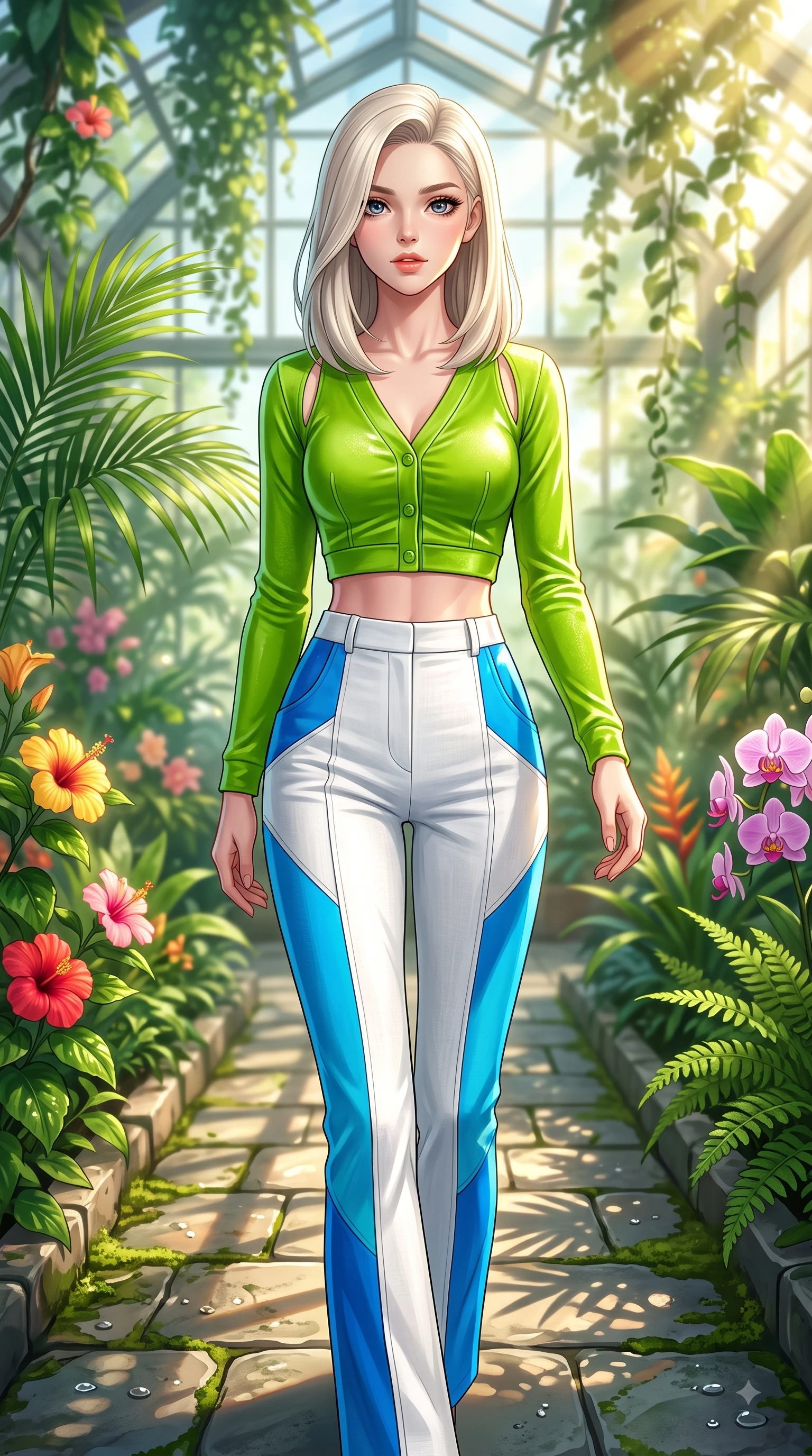 score_9, masterpiece, best quality, ultra-detailed, high-budget anime keyframe, editorial fashion photography, tasteful artistic composition, Caucasian woman. close-up cowboy shot from the waist and thighs up, the character dominates the composition, filling the frame with her large presence. Radiant anticipation in her face, glowing with hopeful curiosity and warm expectant energy while stepping along a stone greenhouse aisle surrounded by vibrant tropical foliage. The composition keeps background elements in soft focus with dreamy bokeh. cascading botanical vines creating a soft, organic blurred background depth. She has an exceptionally elegant, slender, and willowy female figure with an ultra-slim waist, a gracefully sculpted slender torso, and a refined silhouette. sharp v-shaped jawline, high-bridge nose, intricate jewel-like eyes with depth, thick eyelashes, glossy lips with a natural sheen, flawlessly proportioned anatomical accuracy, natural body alignment, perfectly sculpted elegant limbs, clean dynamic posture without body distortion. wearing a bright lime green cropped cardigan paired with high-waist white linen trousers in electric azure blue and cloud white, made of premium stretch velvet with a rich glossy sheen, complemented by clean architectural seams and subtle cutouts, the sleek second-skin fit accentuating her magnetic presence. bathed in bright golden sunbeams streaming through glasshouse panes. highly saturated vibrant anime colors, detailed shading with soft gradients, rich glossy textures, high-contrast stereoscopic depth, volumetric dynamic lighting, master piece, 9:16 ratio