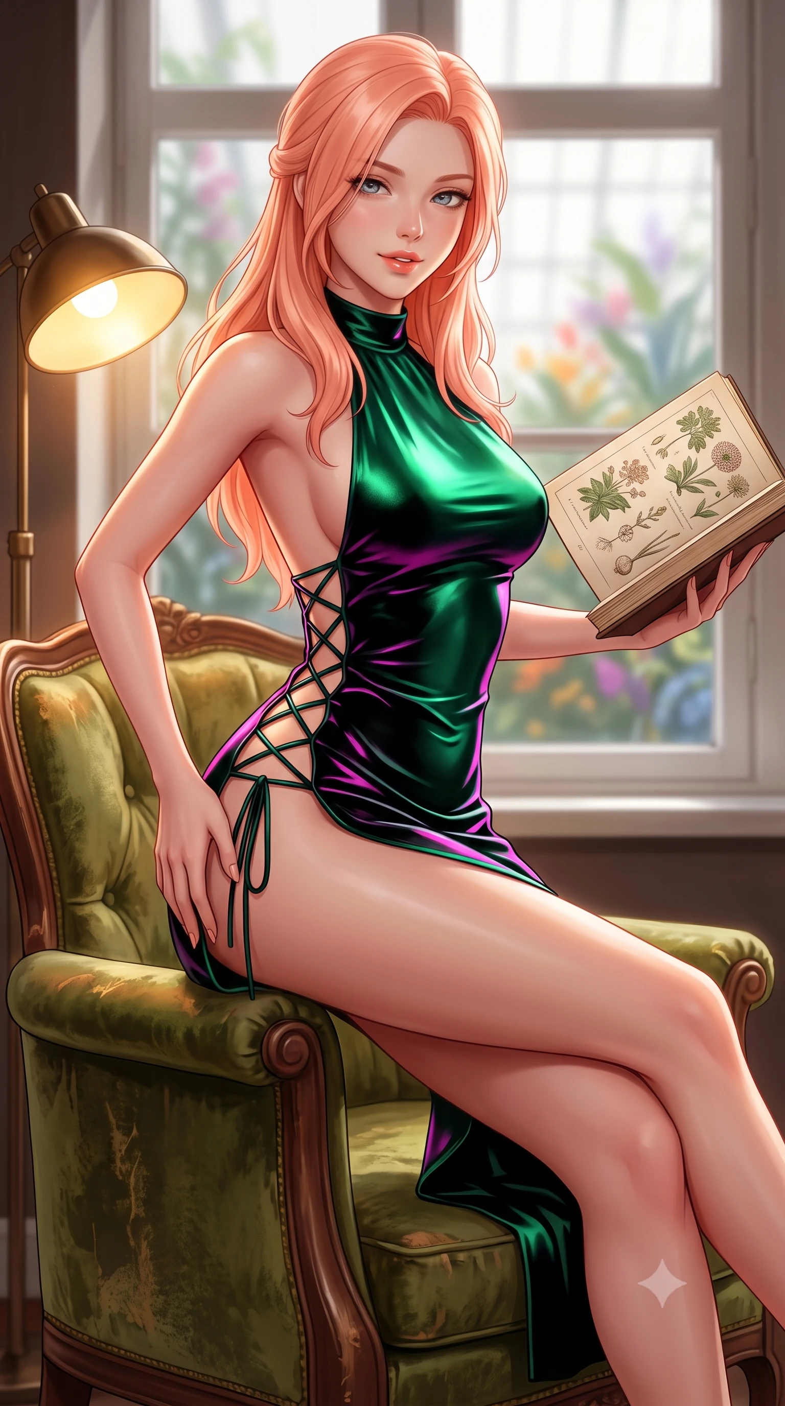 score_9, masterpiece, best quality, ultra-detailed, high-budget anime keyframe, semi-realistic 3D game render, editorial fashion photography, tasteful artistic composition, Japanese woman. close-up cowboy shot from the waist and thighs up, the character dominates the composition, filling the frame with her large presence. tilting her head with a teasing half-smile, running one hand slowly down the side of her hip in a flirtatious S-curve as ambient light caresses her silhouette while perched sideways on an antique velvet armchair with legs crossed, holding a botanical illustration book with effortless intellectual allure. The background shows a soft-focus glasshouse flora visible through windows softened in quiet scholarly shallow focus. She has an exceptionally elegant, slender, and willowy female figure with an ultra-slim waist, flat toned midriff, narrow ribcage, and sculpted feminine hips creating an alluring, slim hourglass silhouette without bulk. sharp v-shaped jawline, high-bridge nose, sparkling eyes with hypnotic seductive depth, thick curled eyelashes, glossy parted lips with a natural dewy peach sheen, alluring bedroom-eyes with an enchanting coquettish smile, exuding magnetic siren charisma and sophisticated glamour, flawlessly proportioned anatomical accuracy, strict slender model proportions, natural body alignment, perfectly sculpted long slender limbs, ultra-slim waistline, clean dynamic posture without body distortion. wearing a slinky backless halterneck column mini dress in shimmering liquid emerald satin with deep side leg slits in wet-look onyx black with electric magenta reflections, tailored from ultra-plush velvet with rich tactile depth and deep shadow gradients, featuring fine criss-cross lace-up side ties revealing tantalizing glimpses of her hip curve, the glove-like clinging cut tightly following the natural contour of her hips and long slender legs with youthful 8.5-heads elegance. bathed in warm 3000K desk lamp glow mixed with soft natural window daylight. highly saturated vibrant anime colors, detailed shading with soft gradients, rich glossy textures, high-contrast stereoscopic depth, volumetric dynamic lighting, master piece, 9:16 ratio