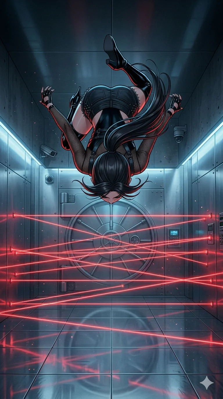 score_9, masterpiece, best quality, ultra-detailed, high-budget anime movie keyframe, cinematic anime lighting, intricate line art, Caucasian (strictly human ears) anime girl. Extreme high angle shot as she leaps towards the camera, filling the frame. somersaulting over a laser trap in a high-security vault. She has an absolutely perfect 8-heads proportion, an exceptionally tall and slender female figure with an ultra-slim waist and impossibly long slender legs. strictly human anatomy, two legs only, no extra limbs, clearly defined legs and arms, perfect anatomy, perfect hands and fingers. sharp v-shaped jawline, high-bridge nose, intricate jewel-like eyes, thick eyelashes, glossy lips. Wearing K-Idol Stage: Leather harness over mesh, high-cut bodysuit, studded micro-shorts, and thigh-high patent boots. The scene is illuminated by dramatic atmospheric lighting and vibrant color palettes. , 2k, ultra detail, master piece, 9:16 ratio