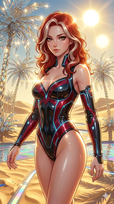 score_9, masterpiece, best quality, ultra-detailed, high-budget anime keyframe, Caucasian woman, strictly human ears. Upper body close-up from the thighs up, character filling the screen for maximum presence. She is walking through a futuristic sand 