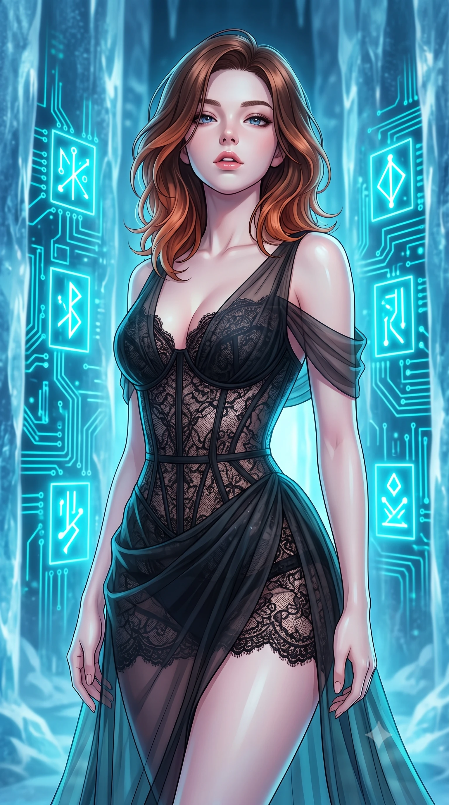 score_9, masterpiece, best quality, ultra-detailed, high-budget anime keyframe, editorial fashion photography, tasteful artistic composition, Korean woman woman. close-up cowboy shot from the waist and thighs up, the character dominates the composition, filling the frame with her large presence, background elements kept in soft focus. She has an exceptionally elegant, slender, and willowy female figure with an ultra-slim waist, a gracefully sculpted slender torso, and a refined silhouette. tilting her chin up slightly with lips parted in a composed and alluring expression, flawlessly proportioned anatomical accuracy, natural body alignment, perfectly sculpted elegant limbs, clean dynamic posture without body distortion. set against a soft-focus background of frozen ice columns embedded with pulsing neon circuit boards. wearing a fine black lace corset dress with sheer organza drapes revealing a sculpted waistline. bathed in glowing cyan light radiating from sub-zero circuit runes with cool ambient backdrops. highly saturated vibrant anime colors, detailed shading with soft gradients, rich glossy textures, high-contrast stereoscopic depth, volumetric dynamic lighting, master piece, 9:16 ratio