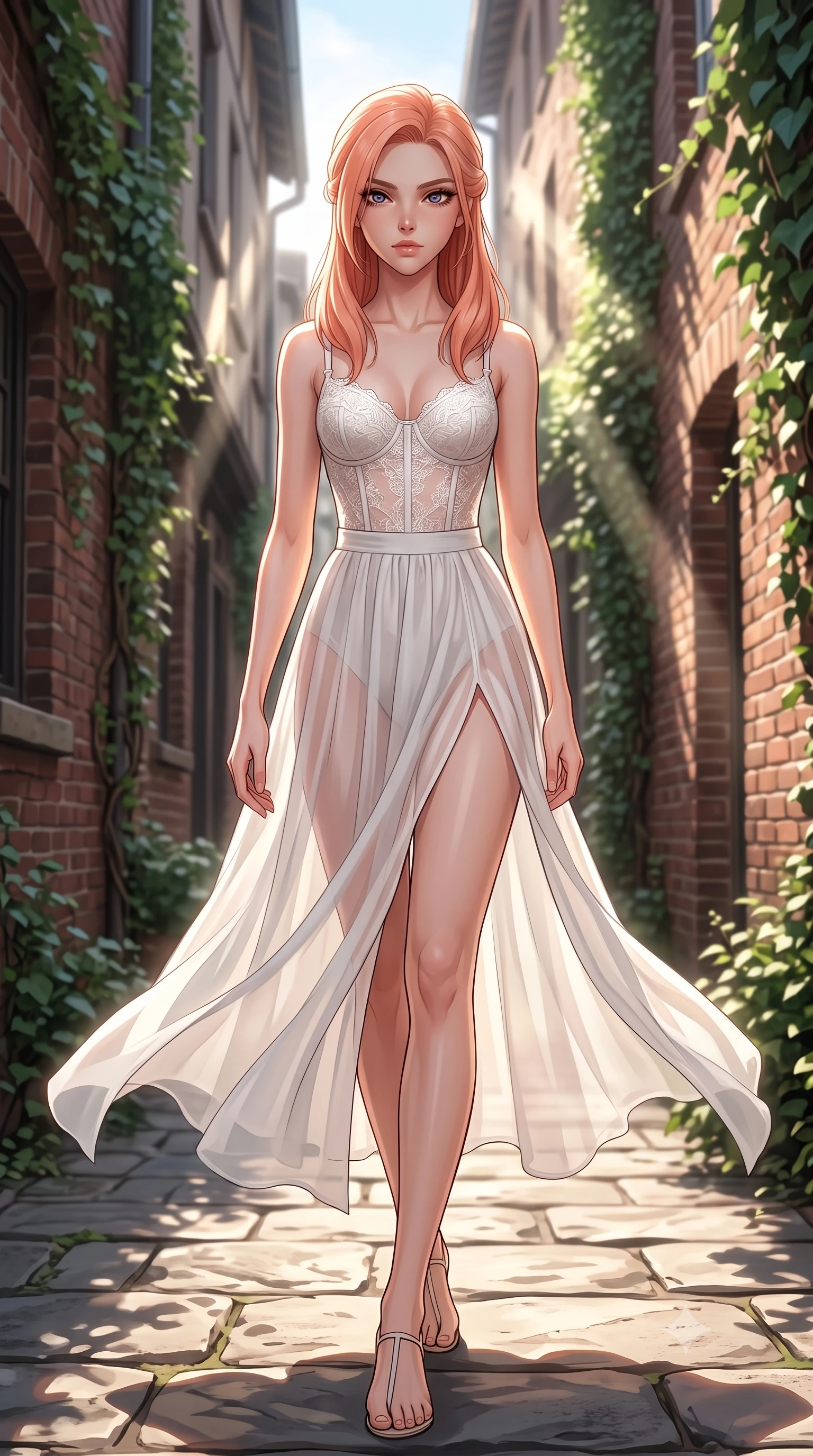 score_9, masterpiece, best quality, ultra-detailed, high-budget anime keyframe, editorial fashion photography, tasteful artistic composition, Japanese woman woman. low angle full-body shot from head to toe showing her feet, filling the entire 9:16 vertical frame with her statuesque presence, stretching her vertical silhouette. stepping gracefully across a stone path in the garden the background shows a soft-focus a charming brick-walled lane in a historic district, with green ivy climbing the walls. She has an absolutely perfect, statuesque 8.5-heads proportion, an exceptionally tall and slender model-like female figure with impossibly long slender legs and an ultra-slim waist. sharp v-shaped jawline, high-bridge nose, intricate jewel-like eyes with depth, thick eyelashes, glossy lips with a natural sheen. wearing a slim-fit delicate white lace bustier top paired with a sheer chiffon maxi skirt featuring a high side slit. sun rays cutting through the gap between buildings, creating dramatic contrasts. 2k, ultra detail, master piece, 9:16 ratio