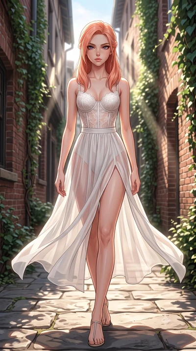 score_9, masterpiece, best quality, ultra-detailed, high-budget anime keyframe, editorial fashion photography, tasteful artistic composition, Japanese woman woman. low angle full-body shot from head to toe showing her feet, filling the entire 9:16 ve