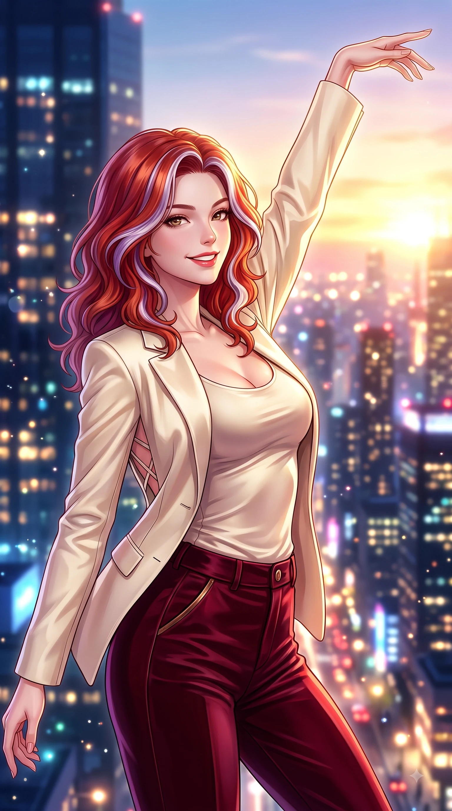 score_9, masterpiece, best quality, ultra-detailed, high-budget anime keyframe, editorial fashion photography, tasteful artistic composition, Caucasian woman. close-up cowboy shot from the waist and thighs up, the character dominates the composition, filling the frame with her large presence. Extending one arm in an elegant stretch toward the light while smiling with vibrant, youthful self-assurance while reaching one hand gracefully toward the city skyline view with a magnetic smile. The composition keeps background elements in soft focus with dreamy bokeh. twinkling city tower lights and glowing sunset sky blurred into sparkling urban bokeh. She has an exceptionally elegant, slender, and willowy female figure with an ultra-slim waist, a gracefully sculpted slender torso, and a refined silhouette. sharp v-shaped jawline, high-bridge nose, intricate jewel-like eyes with depth, thick eyelashes, glossy lips with a natural sheen, flawlessly proportioned anatomical accuracy, natural body alignment, perfectly sculpted elegant limbs, clean dynamic posture without body distortion. wearing a tailored cream silk blazer over a fitted scoop-neck camisole and slacks in deep burgundy red and bronze accent, made of lustrous stretch velvet, finished with delicate criss-cross back straps highlighting her bare shoulders, the glove-like fit emphasizing her statuesque silhouette during motion. bathed in dramatic golden hour sunset glow and vibrant urban night lights. highly saturated vibrant anime colors, detailed shading with soft gradients, rich glossy textures, high-contrast stereoscopic depth, volumetric dynamic lighting, master piece, 9:16 ratio