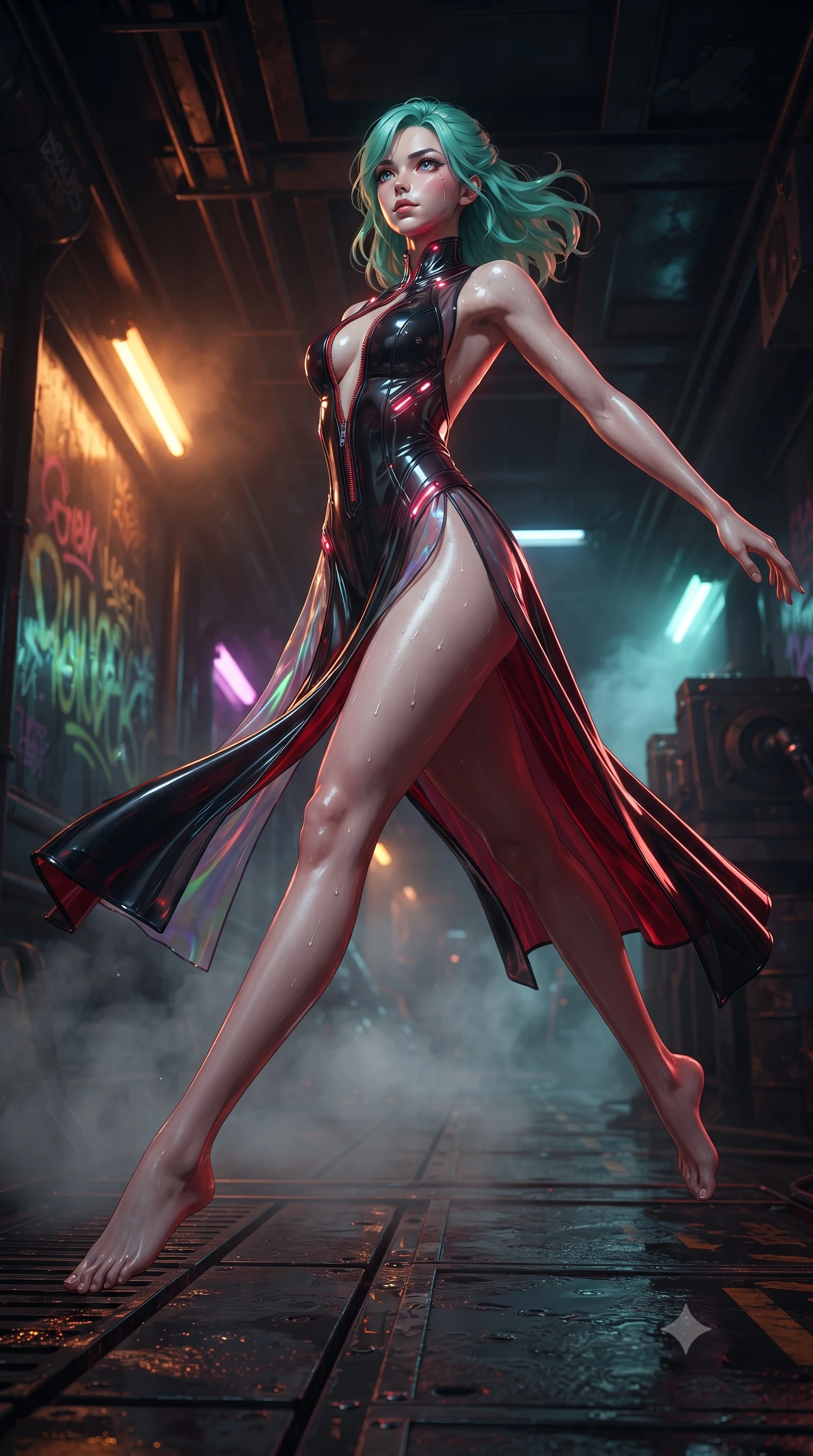 score_9, masterpiece, best quality, ultra-detailed, high-budget anime keyframe, editorial fashion photography, tasteful artistic composition, Japanese woman. low angle full-body shot from head to toe showing her feet, filling the entire 9:16 vertical frame with her statuesque presence, stretching her vertical silhouette. leaping through mid-air with an athletic yet alluring arch of her spine, her impossibly long slender legs stretched in flawless poise while striding through an underground steel corridor as amber warning lights illuminate glistening perspiration. The composition keeps background elements in soft focus with creamy bokeh. glowing graffiti tags and warning strobes scattering high-contrast light across a dark industrial backdrop. She has an absolutely perfect, statuesque 8.5-heads proportion, an exceptionally tall and slender model-like female figure with impossibly long slender legs and an ultra-slim waist. sharp v-shaped jawline, high-bridge nose, intricate jewel-like eyes with depth, thick eyelashes, glossy lips with a natural sheen, flawlessly proportioned anatomical accuracy, natural body alignment, perfectly sculpted elegant limbs, clean dynamic posture without body distortion. wearing a translucent iridescent chiffon gown with a plunging neckline, high dual thigh slits, and an open back in glossy obsidian black and radiant crimson red, tailored from semi-translucent cybernetic vinyl with glowing micro-filaments, featuring a dangerously unzipped neckline framed by glowing cybernetic accents, the form-contouring second-skin material highlighting her ultra-slim waist and long lines. illuminated by dense volumetric steam rays and high-contrast specular reflections on wet metal. ultra-reflective glossy finish, specular highlights, metallic sheen, high-contrast stereoscopic depth, volumetric dynamic lighting, 2k, ultra detail, master piece, 9:16 ratio