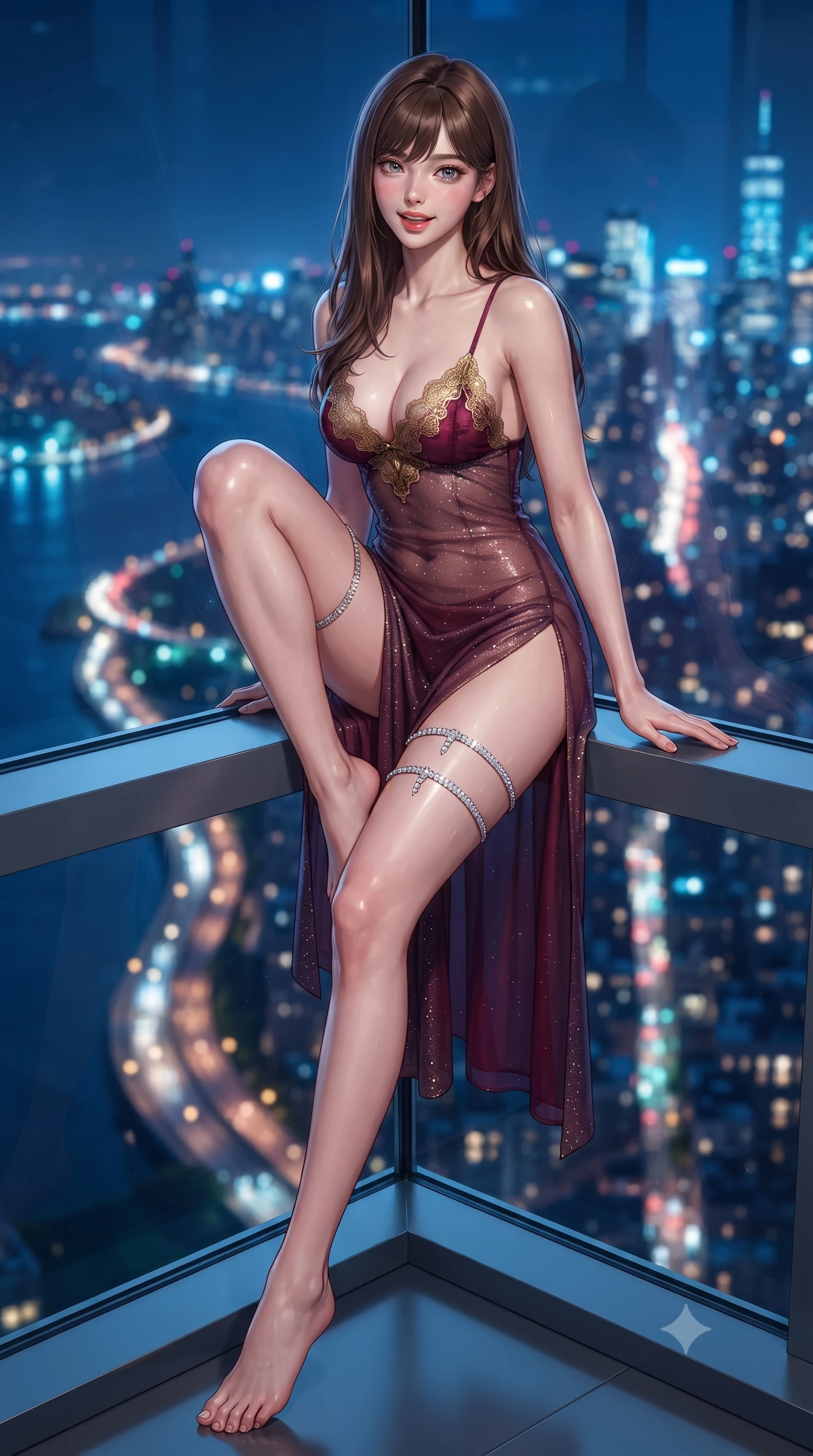score_9, masterpiece, best quality, ultra-detailed, high-budget anime keyframe, editorial fashion photography, tasteful artistic composition, Korean woman. low angle full-body shot from head to toe showing her feet, filling the entire 9:16 vertical frame with her statuesque presence, stretching her vertical silhouette. stepping forward in a confident stride, her long slender legs and curvaceous hips creating a dynamic, sweeping vertical line while sitting perched on the cantilevered glass window ledge with one knee drawn up, flashing an enchanting, playful smile with parted glossy lips. The background shows a soft-focus winding dark waters of Hudson River reflecting highway lamps, glittering Midtown Manhattan towers, and starry night sky blurred into electric sapphire, topaz, and cyan bokeh. She has an exceptionally tall and slender model-like 8.5-heads proportion, an ultra-slim waist, a flat toned midriff, narrow delicate ribcage, and beautifully sculpted feminine hips creating a graceful, slim hourglass silhouette without any bulky heaviness, with impossibly long slender legs. sharp v-shaped jawline, high-bridge nose, intricate jewel-like sparkling eyes with depth, thick eyelashes, glossy parted lips with a natural peach sheen, bright cheerful beaming smile with an enchanting and coquettish sensual glint, exuding both youthful cute charm and seductive allure, flawlessly proportioned anatomical accuracy, strict slender model proportions, natural body alignment, perfectly sculpted long slender limbs, ultra-slim waistline, clean dynamic posture without body distortion. wearing an alluring sheer silk chiffon slip with delicate eyelash lace cups and high side leg slits in French boudoir bordeaux wine and gilded bronze, woven from stretch metallic lurex jersey casting radiant starlight glints across her curves, finished with delicate crystal-encrusted thigh garter straps glinting in the dim light, the form-contouring silhouette accentuating her sculpted flat midriff, narrow delicate ribcage, and gracefully curvy hips with intoxicating allure. bathed in the cool ambient glow of the illuminated river and city skyline mixed with warm recessed LED ceiling strips. ultra-reflective glossy finish, specular highlights, rich textural contrasts, high-contrast stereoscopic depth, volumetric dynamic lighting, 2k, ultra detail, master piece, 9:16 ratio