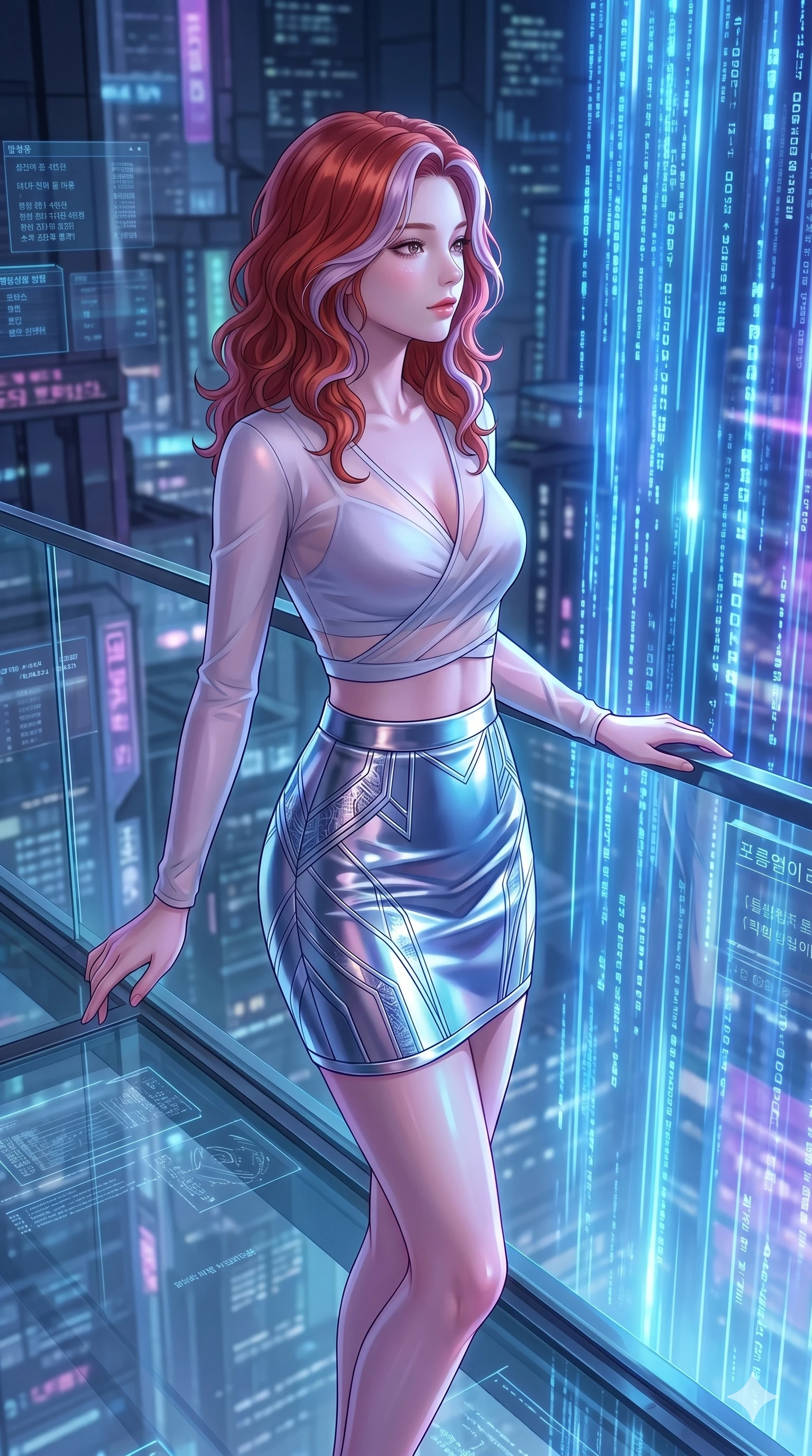 score_9, masterpiece, best quality, ultra-detailed, high-budget anime keyframe, Caucasian woman, strictly human ears. Upper body close-up from the thighs up, character filling the screen for maximum presence. Standing on a glass balcony overlooking a digital waterfall, looking at the falling data streams with a serene, dreamy look. She is wearing a cropped wrap top with sheer panels, paired with a high-waisted metallic skirt. The scene is illuminated by the vibrant blue glow of the data streams. 2k, ultra detail, master piece, 9:16 ratio