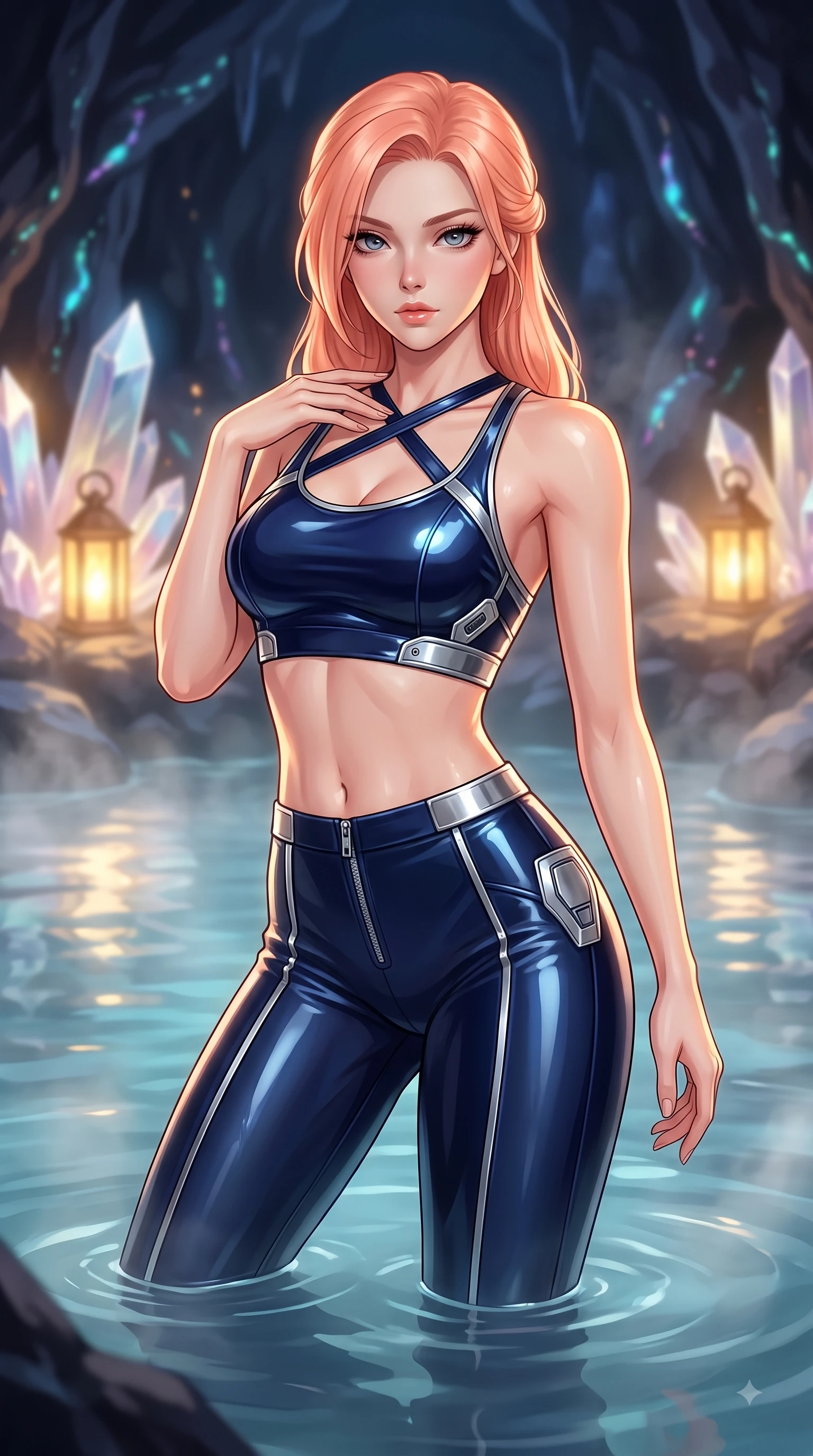 score_9, masterpiece, best quality, ultra-detailed, high-budget anime keyframe, editorial fashion photography, tasteful artistic composition, Japanese woman. close-up cowboy shot from the waist and thighs up, the character dominates the composition, filling the frame with her large presence, background elements kept in soft focus. Pivoting her torso in an alluring S-curve alignment, one hand gently tracing her collarbone with poise while floating dynamically in a tranquil thermal pool as crystal spires reflect warm golden lantern light, bioluminescent opal veins pulsing softly in the subterranean obsidian walls. She has an exceptionally elegant, slender, and willowy female figure with an ultra-slim waist, a gracefully sculpted slender torso, and a refined silhouette. sharp v-shaped jawline, high-bridge nose, intricate jewel-like eyes with depth, thick eyelashes, glossy lips with a natural sheen, flawlessly proportioned anatomical accuracy, natural body alignment, perfectly sculpted elegant limbs, clean dynamic posture without body distortion. wearing a glossy vinyl crop top and high-waist tailored leggings with sleek zippers in midnight navy blue and chrome trim, crafted from smooth liquid silk, complemented by criss-cross back straps highlighting her bare shoulders, the tailored fabric tightly following every curve of her athletic build. bathed in soft warm lantern light filtered through gentle thermal steam. highly saturated vibrant anime colors, detailed shading with soft gradients, rich glossy textures, high-contrast stereoscopic depth, volumetric dynamic lighting, master piece, 9:16 ratio