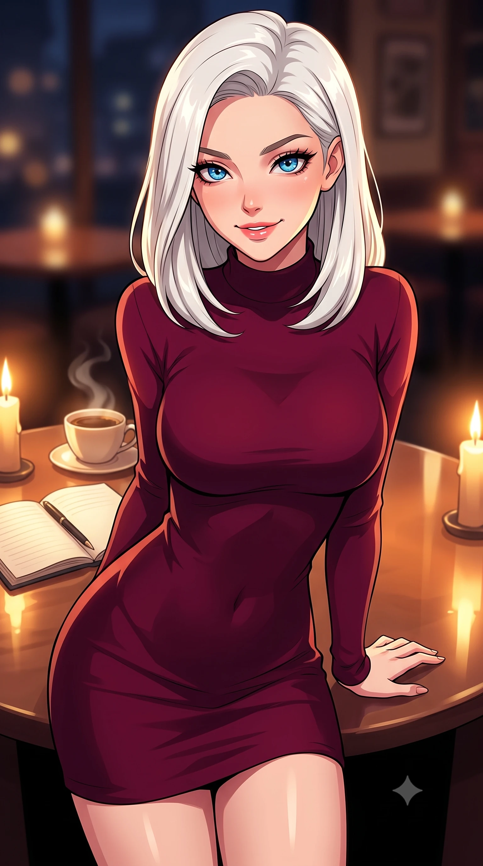 score_9, masterpiece, best quality, ultra-detailed, high-budget anime keyframe, tasteful artistic composition, Caucasian woman. close-up cowboy shot from the waist and thighs up, the character dominates the composition, filling the frame with her large presence, background elements kept in soft focus. leaning slightly forward with a playful, teasing smile, her gaze locked onto the viewer the background shows a soft-focus a quiet cafe corner at midnight with a warm cup of coffee and an open notebook. She has an exceptionally elegant, slender, and willowy female figure with an ultra-slim waist, a gracefully sculpted slender torso, and a refined silhouette. sharp v-shaped jawline, high-bridge nose, intricate jewel-like eyes with depth, thick eyelashes, glossy lips with a natural sheen. wearing a body-hugging form-contouring bodycon sweater dress in deep burgundy, featuring a snug mock-neck. warm flickering candlelight reflecting off the glossy table surface. highly saturated vibrant anime colors, cel-shading, 2d style, master piece, 9:16 ratio