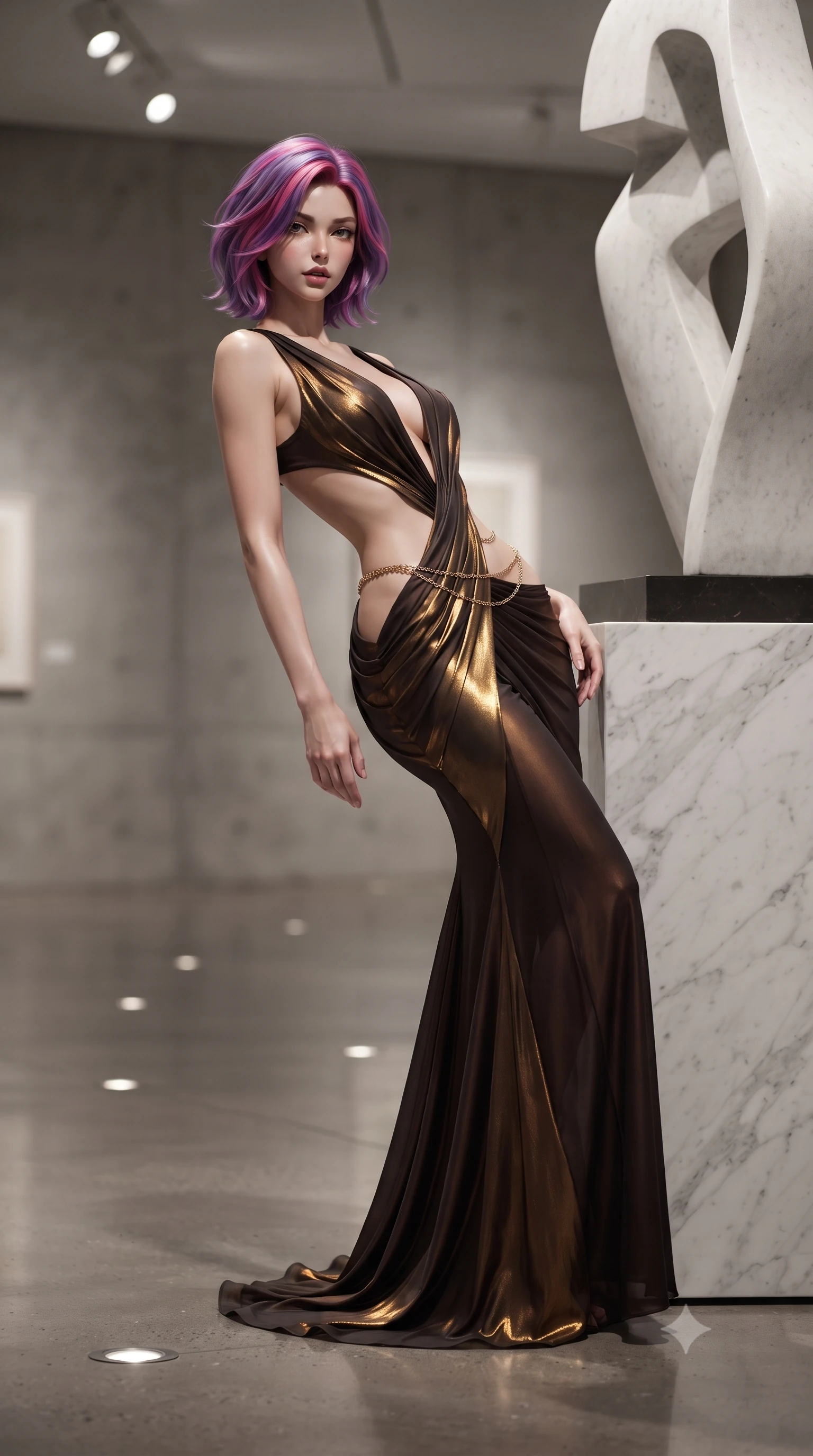 score_9, masterpiece, best quality, ultra-detailed, high-budget anime keyframe, editorial fashion photography, tasteful artistic composition, Caucasian woman. low angle full-body shot from head to toe showing her feet, filling the entire 9:16 vertical frame with her statuesque presence, stretching her vertical silhouette. leaning deep against the structural architecture with hips cocked in an unapologetically bold, seductive high-fashion stance while leaning back against the pedestal of a minimalist marble sculpture with hips cocked, casting a cool, intellectual, and smoldering gaze at the camera. The composition keeps background elements in soft focus with creamy bokeh. gallery pin-spotlight beams and reflective floor highlights scattering sleek directional light motes. She has an exceptionally tall and slender model-like 8.5-heads proportion, an ultra-slim waist, a flat toned midriff, narrow delicate ribcage, and beautifully sculpted feminine hips creating a graceful, slim hourglass silhouette without any bulky heaviness, with impossibly long slender legs. sharp v-shaped jawline, high-bridge nose, intricate jewel-like eyes with depth, thick eyelashes, glossy parted lips with a natural sheen, intensely captivating and seductive bedroom-eyes expression, flawlessly proportioned anatomical accuracy, strict slender model proportions, natural body alignment, perfectly sculpted long slender limbs, ultra-slim waistline, clean dynamic posture without body distortion. wearing a sculptured liquid-satin mermaid gown with an architectural open-waist cutout and bare spine in dark espresso brown and molten gold foil, woven from layered gossamer chiffon with a weightless sweeping drape, accented with a delicate gold chain belt resting loosely on her curvy hips, the glove-like aerodynamic silhouette tightly following the natural contour of her hips and long slender legs with statuesque 8.5-heads elegance. illuminated by sharp linear edge highlights defining her sculpted collarbones, ultra-slim waist, and curvy hips. ultra-reflective glossy finish, specular highlights, rich textural contrasts, high-contrast stereoscopic depth, volumetric dynamic lighting, 2k, ultra detail, master piece, 9:16 ratio