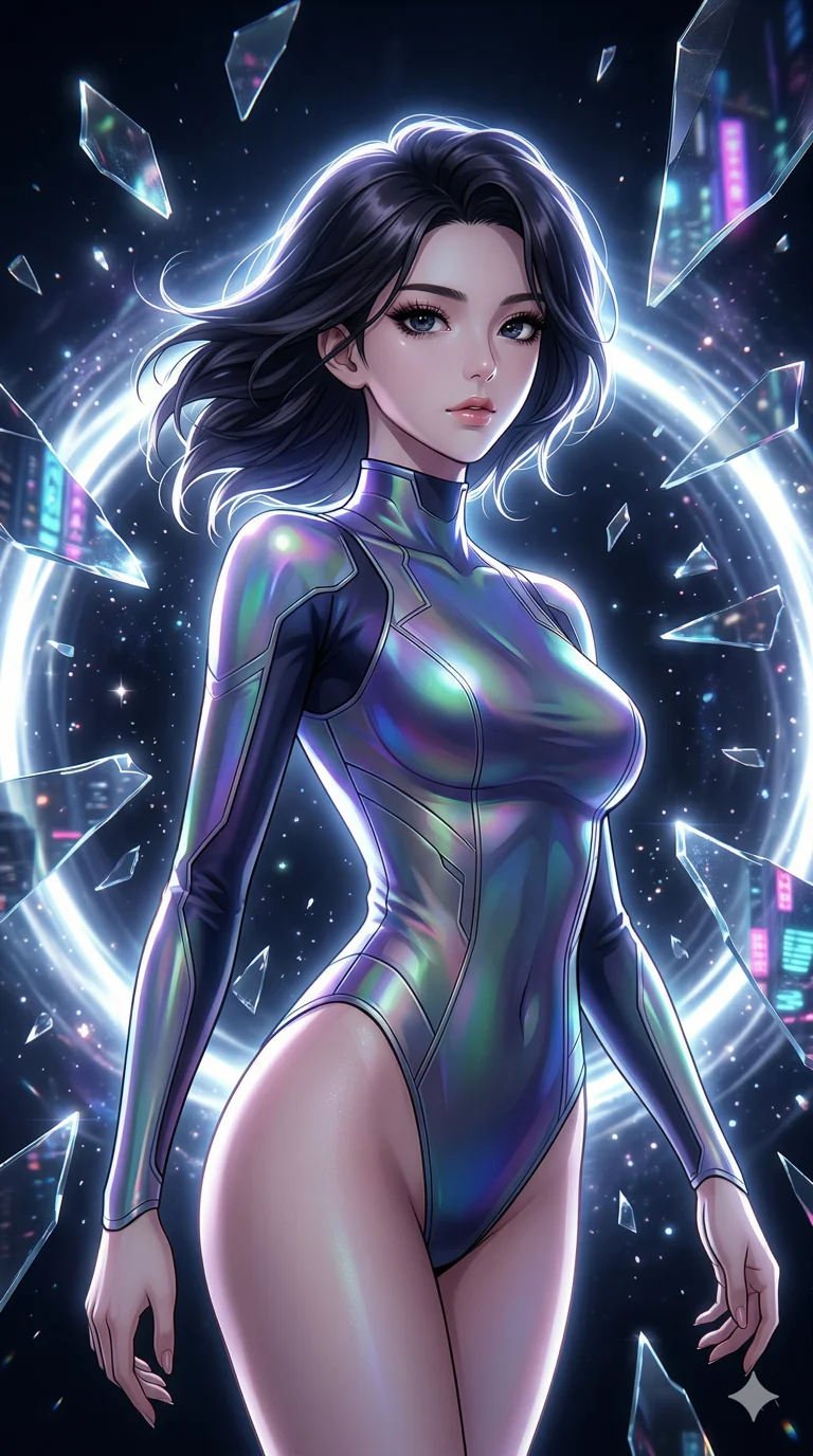 score_9, masterpiece, best quality, ultra-detailed, high-budget anime keyframe, an incredibly beautiful Korean woman. Medium shot of upper body focusing on her alluring features and slim-fit silhouette, filling the vertical 9:16 frame. She is a dimension traveler stepping through a fractured mirror. She has an absolutely perfect 8-heads proportion, an exceptionally tall and slender female figure with impossibly long slender legs and an ultra-slim waist. Her face is a highly detailed masterpiece featuring a sharp v-shaped jawline, high-bridge nose, intricate jewel-like eyes, thick eyelashes, and glossy lips. She is wearing a high-cut bodysuit that shifts colors like a prism. A surreal void filled with floating shards of reflective glass, dramatic rim lighting., 2k, ultra detail, master piece, 9:16 ratio