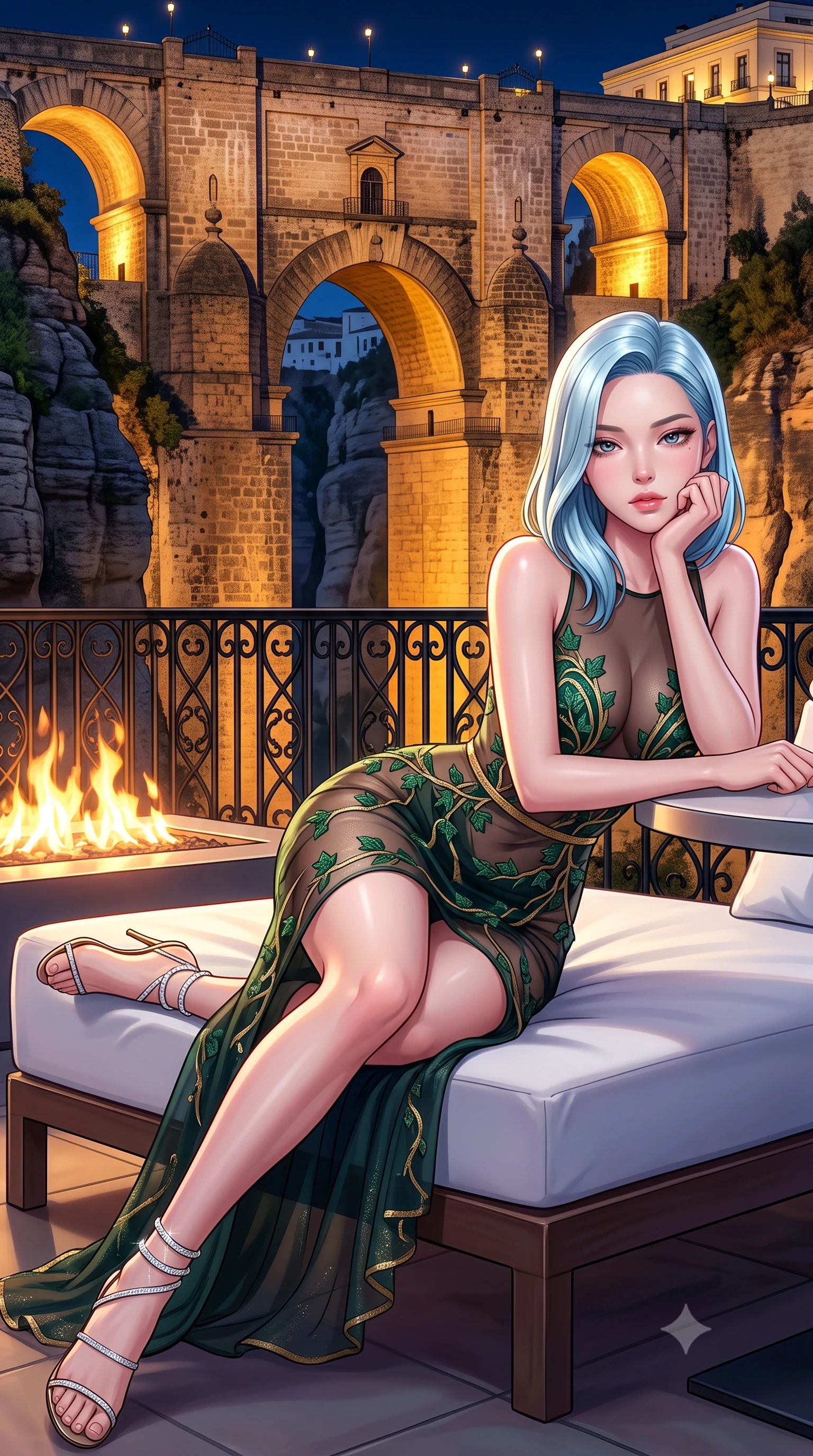 score_9, masterpiece, best quality, ultra-detailed, high-budget anime keyframe, semi-realistic 3D game render, editorial fashion photography, tasteful artistic composition, Korean woman. close-up cowboy shot from the waist and thighs up, the character dominates the composition, filling the frame with her large presence. resting one elbow on the table and supporting her chin, leaning close to the camera with heavy-lidded sparkling eyes and parted lips while lounging in the modern white daybed propped on one elbow with legs extended, displaying her long slender limbs and statuesque hourglass silhouette against the gorge. The surrounding environment is rendered in vivid detail and crisp panoramic clarity: sharp rough-hewn stone masonry of the historic bridge, sheer limestone fissure strata, and black iron balustrade scrollwork in deep focus. She has an exceptionally elegant, slender, and willowy female figure with an ultra-slim waist, flat toned midriff, narrow ribcage, and sculpted feminine hips creating an alluring, slim hourglass silhouette without bulk. sharp v-shaped jawline, high-bridge nose, intricate jewel-like sparkling eyes with depth, thick eyelashes, glossy parted lips with a natural peach sheen, bright cheerful beaming smile with an enchanting and coquettish sensual glint, exuding both youthful cute charm and seductive allure, flawlessly proportioned anatomical accuracy, strict slender model proportions, natural body alignment, perfectly sculpted long slender limbs, ultra-slim waistline, clean dynamic posture without body distortion. wearing a provocative sheer noir illusion mesh cocktail dress with embroidered climbing ivy ribbons contouring her curves in Bavarian alpine spruce green and Neuschwanstein gilded gold, crafted from bespoke double-faced cashmere with an exceptionally soft tactile finish, complemented by strappy stiletto sandals with crystal ankle wraps accentuating her slender calves, the liquid-tight tailored fabric clinging flawlessly to her narrow waist and rounded feminine hips, emphasizing every millimeter of her sculpted slim hourglass curves without any bulky heaviness. bathed in the contrast of warm 2100K terrace fire pit flames and golden architectural floodlights on the Puente Nuevo bridge. highly saturated vibrant anime colors, detailed shading with soft gradients, rich glossy textures, high-contrast stereoscopic depth, volumetric dynamic lighting, master piece, 9:16 ratio