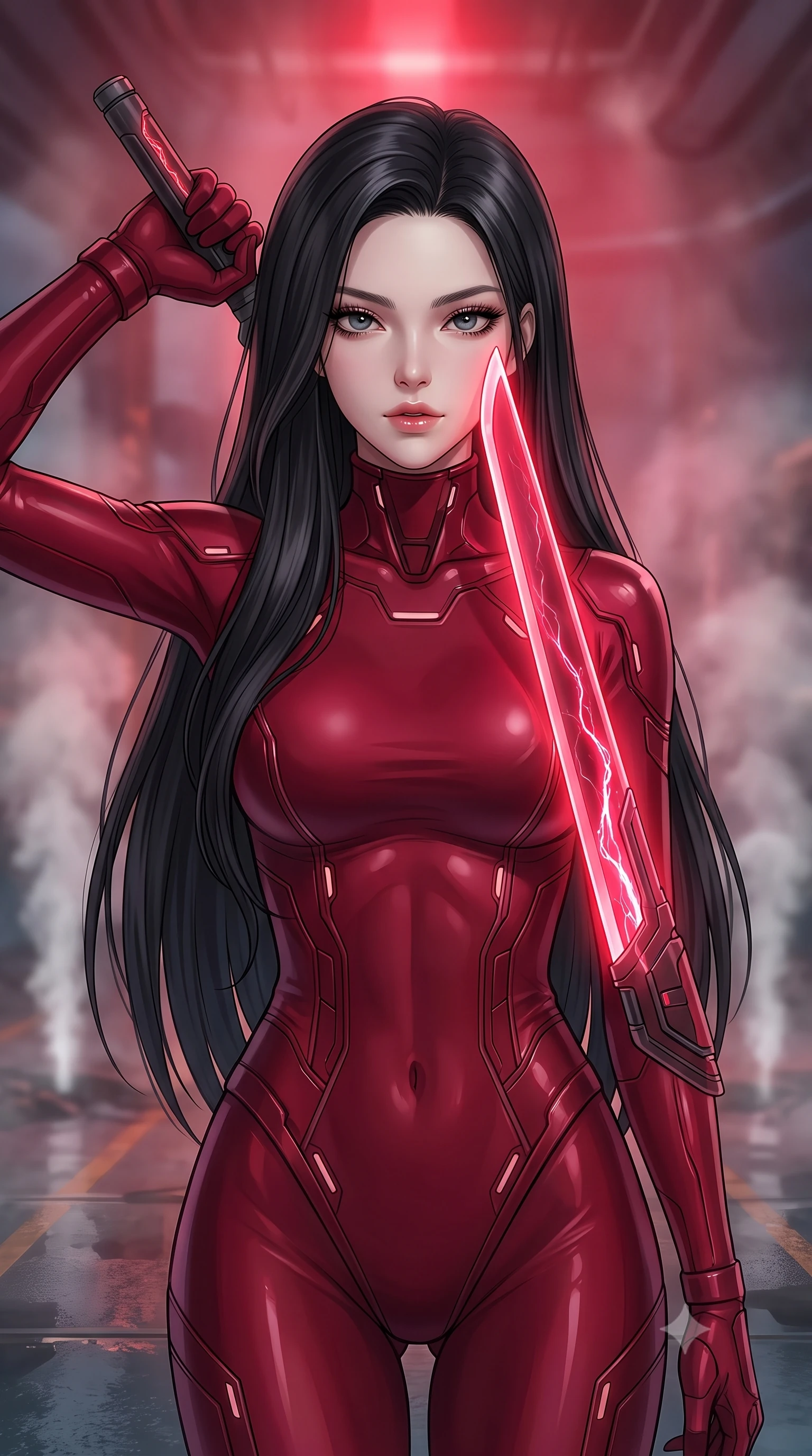 score_9, masterpiece, best quality, ultra-detailed, high-budget anime keyframe, editorial fashion photography, tasteful artistic composition, Korean woman. close-up cowboy shot from the waist and thighs up, the character dominates the composition, filling the frame with her large presence, background elements kept in soft focus. pressing the flat side of a glowing vibro-blade against her cheek, locking eyes with the viewer with bedroom-eyes, the background shows a soft-focus a wet maintenance dock inside an undersea volcano crater with steam vents. She has an exceptionally elegant, slender, and willowy female figure with an ultra-slim waist, a gracefully sculpted slender torso, and a refined silhouette. sharp v-shaped jawline, high-bridge nose, intricate jewel-like eyes with depth, thick eyelashes, glossy lips with a natural sheen. wearing a form-contouring form-contouring high-neck bodycon suit in deep crimson, contouring her athletic build like a second skin. underground steam vents catching a pulsing crimson warning beacon light from above. highly saturated vibrant anime colors, detailed shading with soft gradients, rich glossy textures, high-contrast stereoscopic depth, volumetric dynamic lighting, master piece, 9:16 ratio