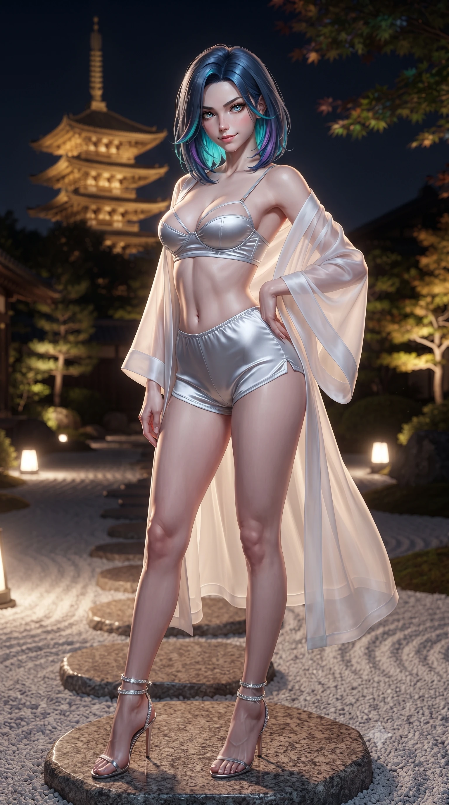 score_9, masterpiece, best quality, ultra-detailed, high-budget anime keyframe, editorial fashion photography, tasteful artistic composition, Caucasian woman. close-up cowboy shot from the waist and thighs up, the character dominates the composition, filling the frame with her large presence. tilting her head with a teasing half-smile, running one hand slowly down the side of her hip in a flirtatious S-curve as ambient light caresses her silhouette while standing poised on the polished granite stepping stones in the dry landscape garden, arching her back with siren allure as illuminated Yasaka Pagoda towers in the distance. The background shows a soft-focus five-storied wooden Yasaka Pagoda illuminated in golden light, raked white gravel ripples, and dark maple branches blurred into topaz, moss green, and indigo bokeh. She has an exceptionally elegant, slender, and willowy female figure with an ultra-slim waist, flat toned midriff, narrow ribcage, and sculpted feminine hips creating an alluring, slim hourglass silhouette without bulk. sharp v-shaped jawline, high-bridge nose, intricate jewel-like sparkling eyes with depth, thick eyelashes, glossy parted lips with a natural peach sheen, bright cheerful beaming smile with an enchanting and coquettish sensual glint, exuding both youthful cute charm and seductive allure, flawlessly proportioned anatomical accuracy, strict slender model proportions, natural body alignment, perfectly sculpted long slender limbs, ultra-slim waistline, clean dynamic posture without body distortion. wearing an ethereal translucent silk chiffon yukata robe slipping off bare shoulders over a strappy underwire bralette and micro-shorts in St. Moritz alpine frost white and icy crystal silver, crafted from fluid liquid silk satin that clings smoothly to her narrow waist and rounded hips with a dewy sheen, complemented by strappy stiletto sandals with crystal ankle wraps accentuating her slender calves, the second-skin tailored fabric adhering flawlessly to her sculpted flat midriff and slender torso, emphasizing her long leg lines and perfectly proportioned willowy build. bathed in golden floodlights illuminating the ancient wooden pagoda balanced with soft garden uplights. ultra-reflective glossy finish, specular highlights, rich textural contrasts, high-contrast stereoscopic depth, volumetric dynamic lighting, 2k, ultra detail, master piece, 9:16 ratio