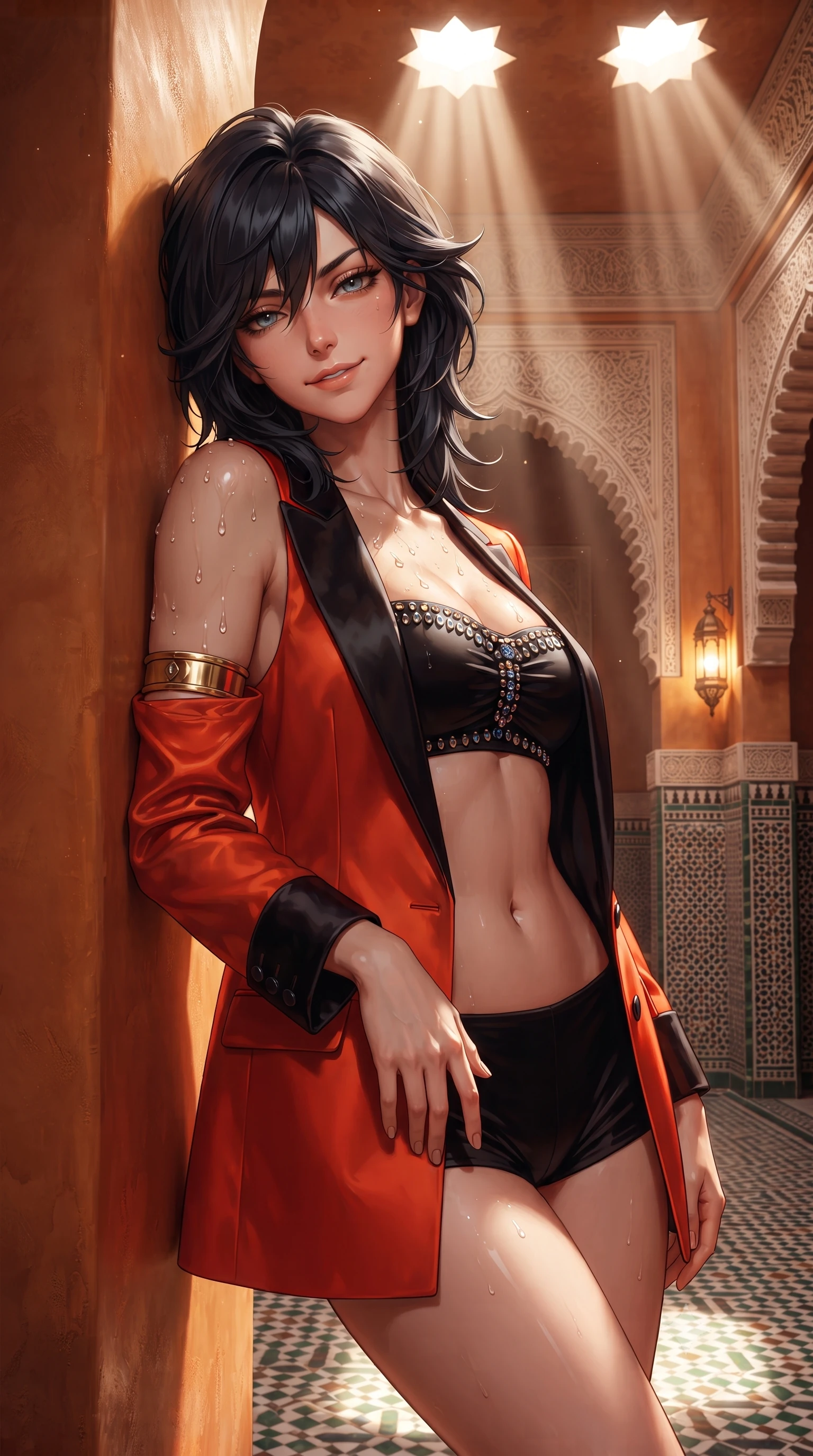 score_9, masterpiece, best quality, ultra-detailed, high-budget anime keyframe, editorial fashion photography, tasteful artistic composition, Caucasian woman. close-up cowboy shot from the waist and thighs up, the character dominates the composition, filling the frame with her large presence. tilting her head with a teasing half-smile, running one hand slowly down the side of her hip in a flirtatious S-curve as ambient light caresses her silhouette while leaning back against the warm tadelakt wall with hips cocked back, looking through shafts of overhead sunlight with an irresistible, heavy-lidded bedroom-gaze. The surrounding environment is rendered in vivid detail and crisp panoramic clarity: detailed wet-look semi-sheer mesh monokini weave, gold armlet gleam, and centuries-old Moorish hammam craft in high resolution. She has an exceptionally elegant, slender, and willowy female figure with an ultra-slim waist, flat toned midriff, narrow ribcage, and sculpted feminine hips creating an alluring, slim hourglass silhouette without bulk. sharp v-shaped jawline, high-bridge nose, sparkling eyes with hypnotic seductive depth, thick curled eyelashes, glossy parted lips with a natural dewy peach sheen, alluring bedroom-eyes with an enchanting coquettish smile, exuding magnetic siren charisma and sophisticated glamour, flawlessly proportioned anatomical accuracy, strict slender model proportions, natural body alignment, perfectly sculpted long slender limbs, ultra-slim waistline, clean dynamic posture without body distortion. wearing a tailored open-front satin smoking jacket worn over a jewel-embellished bandeau and micro-shorts in Pudong electric vermilion and obsidian lacquer, tailored from ultra-plush velvet with rich tactile depth and deep shadow gradients, finished with glistening drops of lagoon or spa water beading across her sculpted shoulders and collarbones, the liquid-tight tailored fabric clinging flawlessly to her narrow waist and rounded feminine hips, emphasizing every millimeter of her sculpted slim hourglass curves without any bulky heaviness. bathed in ethereal light shafts streaming downward through star-shaped ceiling penetrations combined with warm lantern uplights. ultra-reflective glossy finish, specular highlights, rich textural contrasts, high-contrast stereoscopic depth, volumetric dynamic lighting, 2k, ultra detail, master piece, 9:16 ratio