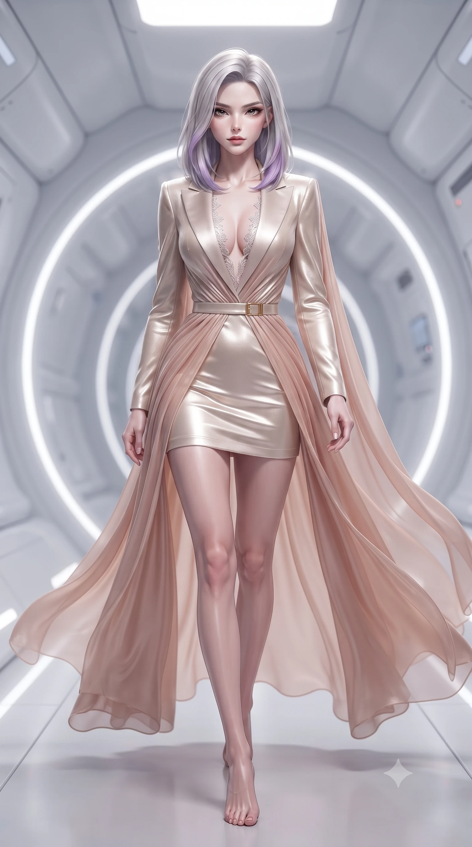 score_9, masterpiece, best quality, ultra-detailed, high-budget anime keyframe, editorial fashion photography, tasteful artistic composition, Caucasian woman. low angle full-body shot from head to toe showing her feet, filling the entire 9:16 vertical frame with her statuesque presence, stretching her vertical silhouette. striding forward in a proud supermodel runway stride, hips swaying in an alluring kinetic rhythm that accentuates her curvy hourglass silhouette while pivoting gracefully along the illuminated orbital corridor, her liquid metallic garments clinging to her sculpted flat midriff and feminine hips. The composition keeps background elements in soft focus with creamy bokeh. sleek white space station bulkheads and glowing telemetry rings softened in futuristic shallow focus. She has an exceptionally tall and slender model-like 8.5-heads proportion, an ultra-slim waist, a flat toned midriff, narrow delicate ribcage, and beautifully sculpted feminine hips creating a graceful, slim hourglass silhouette without any bulky heaviness, with impossibly long slender legs. sharp v-shaped jawline, high-bridge nose, intricate jewel-like eyes with depth, thick eyelashes, glossy parted lips with a natural sheen, intensely captivating and seductive bedroom-eyes expression, flawlessly proportioned anatomical accuracy, strict slender model proportions, natural body alignment, perfectly sculpted long slender limbs, ultra-slim waistline, clean dynamic posture without body distortion. wearing a tailored velvet tuxedo jacket dress with satin lapels, worn with a deep plunge neckline and gold hip buckle in vintage champagne ivory and delicate rose gold, woven from layered gossamer chiffon with a weightless sweeping drape, finished with delicate crystal frost embroidery tracing the plunging neckline, the liquid-tight tailored fabric clinging flawlessly to her narrow waist and rounded feminine hips, emphasizing every millimeter of her sculpted slim hourglass curves without any bulky heaviness. surrounded by a celestial, sovereign, and breathlessly magnificent orbital empress aura. ultra-reflective glossy finish, specular highlights, rich textural contrasts, high-contrast stereoscopic depth, volumetric dynamic lighting, 2k, ultra detail, master piece, 9:16 ratio