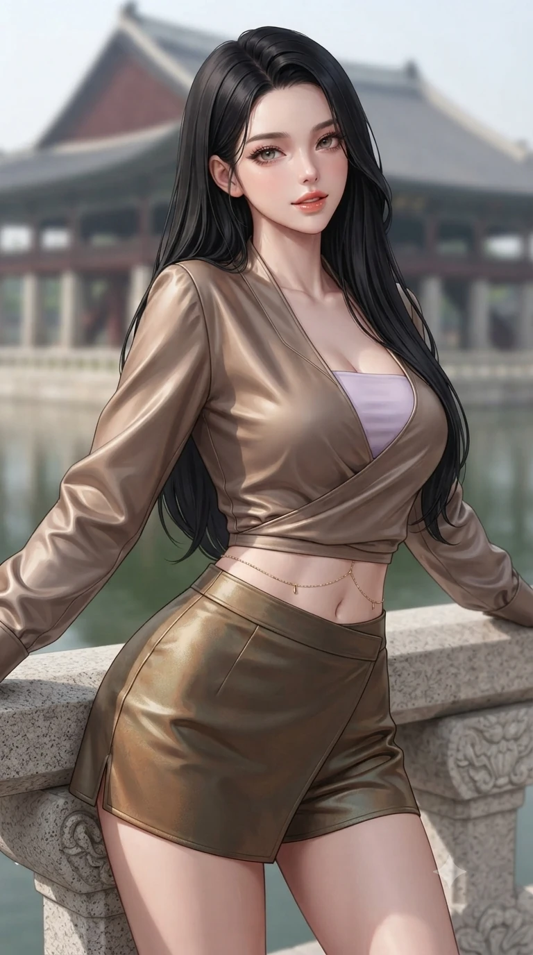 score_9, masterpiece, best quality, ultra-detailed, high-budget anime keyframe, editorial fashion photography, tasteful artistic composition, Korean woman. close-up cowboy shot from the waist and thighs up, the character dominates the composition, filling the frame with her large presence. leaning forward while arching her lower back to accentuate her curvy hips, looking into the camera with an intoxicating smoldering gaze and bedroom-eyes while leaning back against the carved granite balustrade with hips cocked back, casting an intoxicating, sultry bedroom-gaze over a bare shoulder. The background shows a soft-focus monumental royal banquet pavilion softened in panoramic lake shallow focus. She has an exceptionally elegant, slender, and willowy female figure with an ultra-slim waist, flat toned midriff, narrow ribcage, and sculpted feminine hips creating an alluring, slim hourglass silhouette without bulk. sharp v-shaped jawline, high-bridge nose, sparkling eyes with hypnotic seductive depth, thick curled eyelashes, glossy parted lips with a natural dewy peach sheen, alluring bedroom-eyes with an enchanting coquettish smile, exuding magnetic siren charisma and sophisticated glamour, flawlessly proportioned anatomical accuracy, strict slender model proportions, natural body alignment, perfectly sculpted long slender limbs, ultra-slim waistline, clean dynamic posture without body distortion. wearing a deep V-neck wrap jeogori blouse layered over an opaque silk bandeau and high-waisted wrap shorts in vintage bronze patina and pale wisteria lilac, made of supple butter-soft lambskin leather with a subtle satin sheen, finished with a dainty gold belly chain resting across her flat midriff and curving hips, the form-contouring silhouette accentuating her sculpted flat midriff, narrow delicate ribcage, and gracefully curvy hips with intoxicating allure. illuminated by lake water upward bounce and sharp silver-topaz rim lights defining her razor-sharp jawline, narrow waist, and curvy hips. ultra-reflective glossy finish, specular highlights, rich textural contrasts, high-contrast stereoscopic depth, volumetric dynamic lighting, 2k, ultra detail, master piece, 9:16 ratio