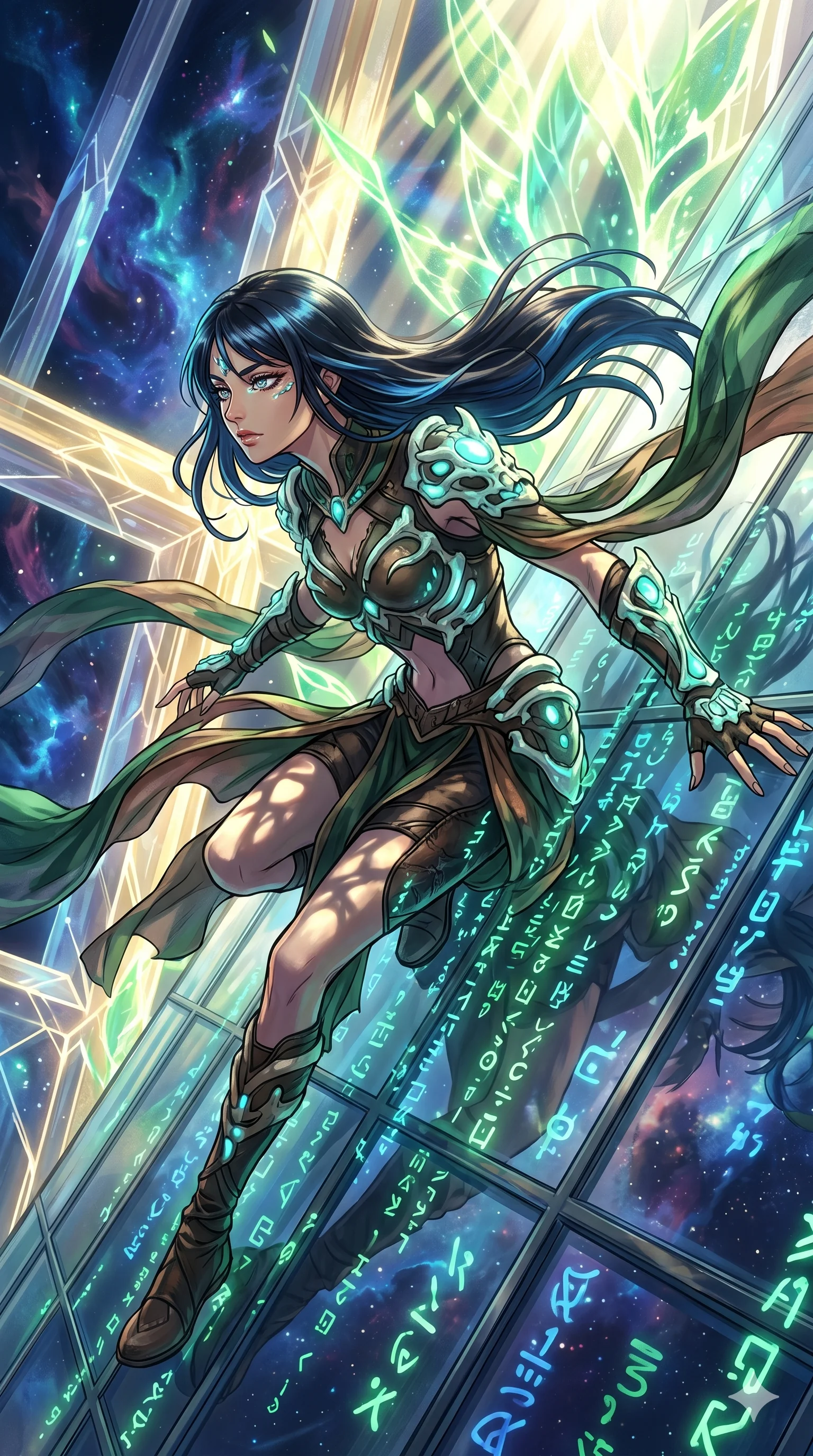 score_9, masterpiece, best quality, ultra-detailed, Set A: High-budget Anime Keyframe, Japanese woman. Upper body close-up from the thighs up, character filling the screen for maximum presence. Theme: Abstract Cosmic. sliding down a glass skyscraper in a temple made of solid light, as a digital rain of 47 symbols washes over her. The atmosphere is filled with cinematic sunlight through leaves. She has an absolutely perfect 8-heads proportion, an exceptionally tall and slender female figure with impossibly long slender legs and an ultra-slim waist. Sharp v-shaped jawline, high-bridge nose, intricate jewel-like eyes with depth, glossy lips. Wearing Primal jungle-warrior outfit with bioluminescent bone-armor and sheer silk wraps. Cinematic lighting, vivid colors, dramatic shadows, 2k, ultra detail, master piece, 9:16 ratio