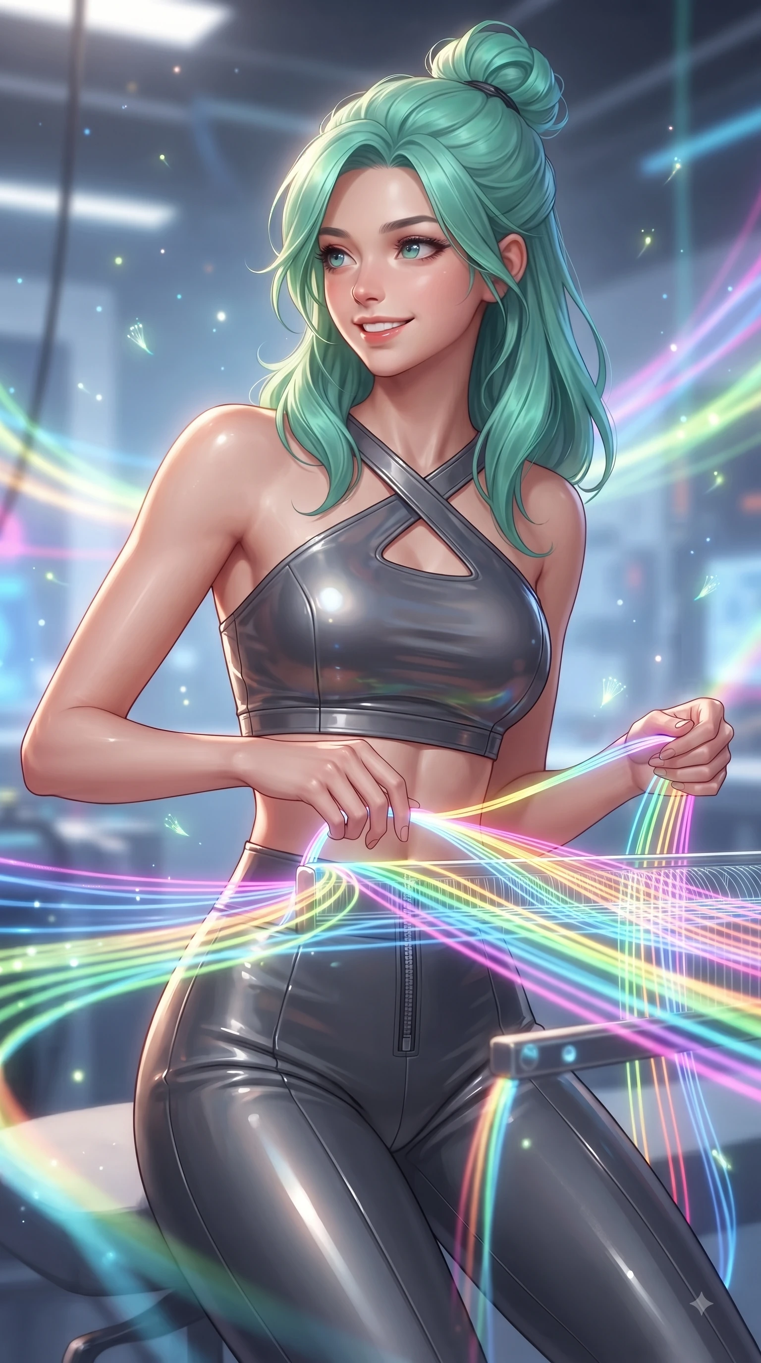 score_9, masterpiece, best quality, ultra-detailed, high-budget anime keyframe, editorial fashion photography, tasteful artistic composition, Japanese woman. close-up cowboy shot from the waist and thighs up, the character dominates the composition, filling the frame with her large presence, background elements kept in soft focus. Warm delightful smile while casting a playful, joyful side-gaze with heavy lashes and a glowing expression while weaving fluorescent rainbow fiber optic ribbons on a 3D light loom with a playful smile, glowing fiber optic motes drifting like fireflies in the cheerful background. She has an exceptionally elegant, slender, and willowy female figure with an ultra-slim waist, a gracefully sculpted slender torso, and a refined silhouette. sharp v-shaped jawline, high-bridge nose, intricate jewel-like eyes with depth, thick eyelashes, glossy lips with a natural sheen, flawlessly proportioned anatomical accuracy, natural body alignment, perfectly sculpted elegant limbs, clean dynamic posture without body distortion. wearing a glossy vinyl crop top and high-waist tailored leggings with sleek zippers in charcoal grey and platinum, formed from sleek second-skin neoprene, complemented by criss-cross back straps highlighting her bare shoulders, the elegant draped fit framing her graceful clavicle and slender torso. illuminated by the brilliant glow of rainbow luminescent plasma threads. ultra-reflective glossy finish, specular highlights, metallic sheen, high-contrast stereoscopic depth, volumetric dynamic lighting, 2k, ultra detail, master piece, 9:16 ratio