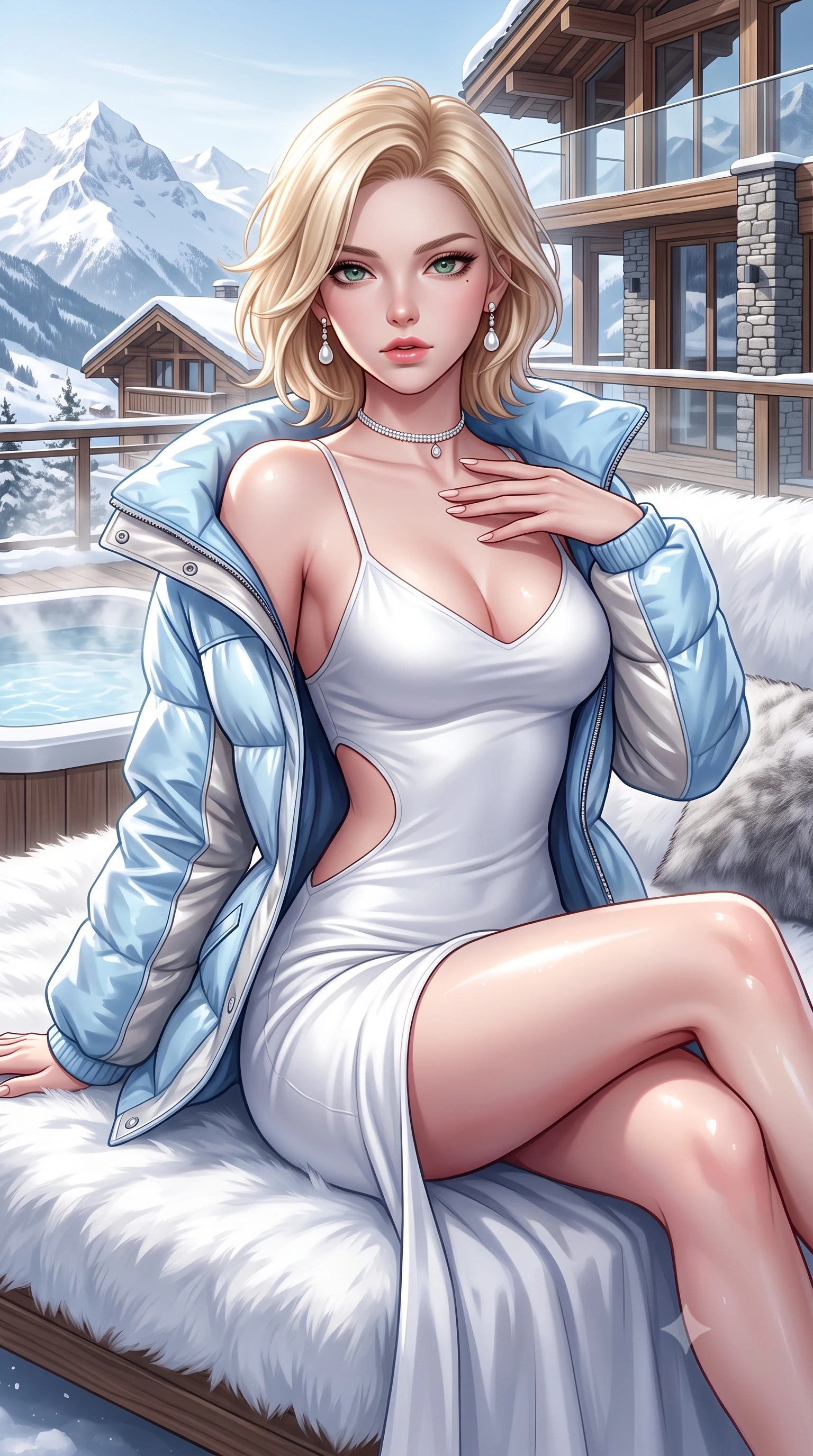 score_9, masterpiece, best quality, ultra-detailed, high-budget anime keyframe, semi-realistic 3D game render, editorial fashion photography, tasteful artistic composition, Caucasian woman. close-up cowboy shot from the waist and thighs up, the character dominates the composition, filling the frame with her large presence. resting one manicured hand delicately on her bare collarbone, her upper body twisting in a fluid, voluptuous yet slender curve while reclining on an outdoor snow-view fur lounge daybed as steam rises, stretching her long slender legs in seductive comfort. The surrounding environment is rendered in vivid detail and crisp panoramic clarity. breathtaking high-altitude winter chiaroscuro and luxury alpine resort architecture in sharp resolution. She has an exceptionally elegant, slender, and willowy female figure with an ultra-slim waist, a gracefully sculpted slender torso, toned flat midriff, and a refined slim silhouette. sharp v-shaped jawline, high-bridge nose, intricate jewel-like eyes with depth, thick eyelashes, glossy parted lips with a natural sheen, intensely captivating and seductive expression, flawlessly proportioned anatomical accuracy, strict slender model proportions, natural body alignment, perfectly sculpted long slender limbs, ultra-slim waistline, clean dynamic posture without body distortion. wearing a luxurious snow-white cashmere slip gown layered under an unbuttoned oversized down jacket in ice crystal blue and brushed platinum, made of seamless compression knit with anatomical curves sculpting, accessorized with pearl drop earrings and a delicate diamond choker, the precision-cut daring openings accentuating her delicate midriff, graceful bare collarbones, and ultra-slim feminine waistline. illuminated by bright specular snow reflections tracing her sculpted collarbones, waist, and long limbs. highly saturated vibrant anime colors, detailed shading with soft gradients, rich glossy textures, high-contrast stereoscopic depth, volumetric dynamic lighting, master piece, 9:16 ratio