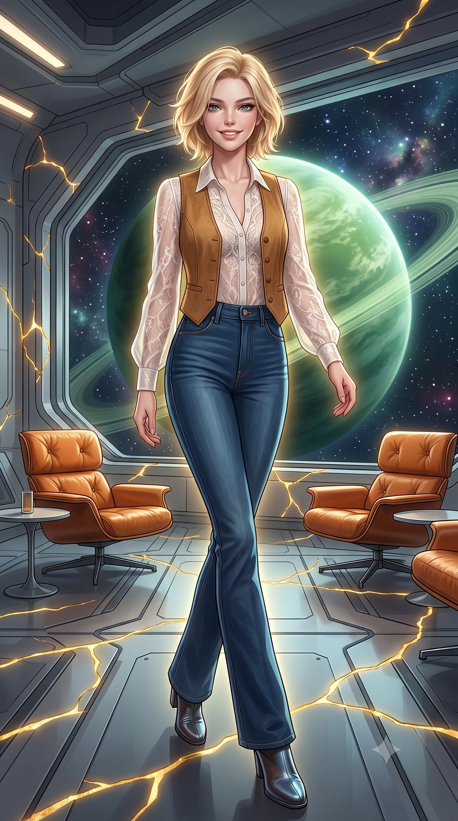 score_9, masterpiece, best quality, ultra-detailed, high-budget anime keyframe, editorial fashion photography, tasteful artistic composition, Caucasian woman, strictly human ears. low angle full-body shot from head to toe showing her feet, filling the entire 9:16 vertical frame with her statuesque presence, stretching her vertical silhouette. striding with confident, cheerful determination through in a futuristic spaceship observation lounge with classic orange leather lounge chairs, looking through panoramic windows at a giant green ringed planet. She has a statuesque 8.5-heads proportion, an exceptionally tall, slender and willowy model-like build with impossibly long legs and a highly sculpted ultra-slim waist. sharp v-shaped jawline, high-bridge nose, intricate jewel-like eyes with depth, thick eyelashes, glossy lips with a natural sheen. wearing a sheer white lace blouse layered under a camel suede vest, paired with high-waisted dark blue jeans. glowing kintsugi gold light radiating from cracks in the environment creating a majestic inner glow. 2k, ultra detail, master piece, 9:16 ratio