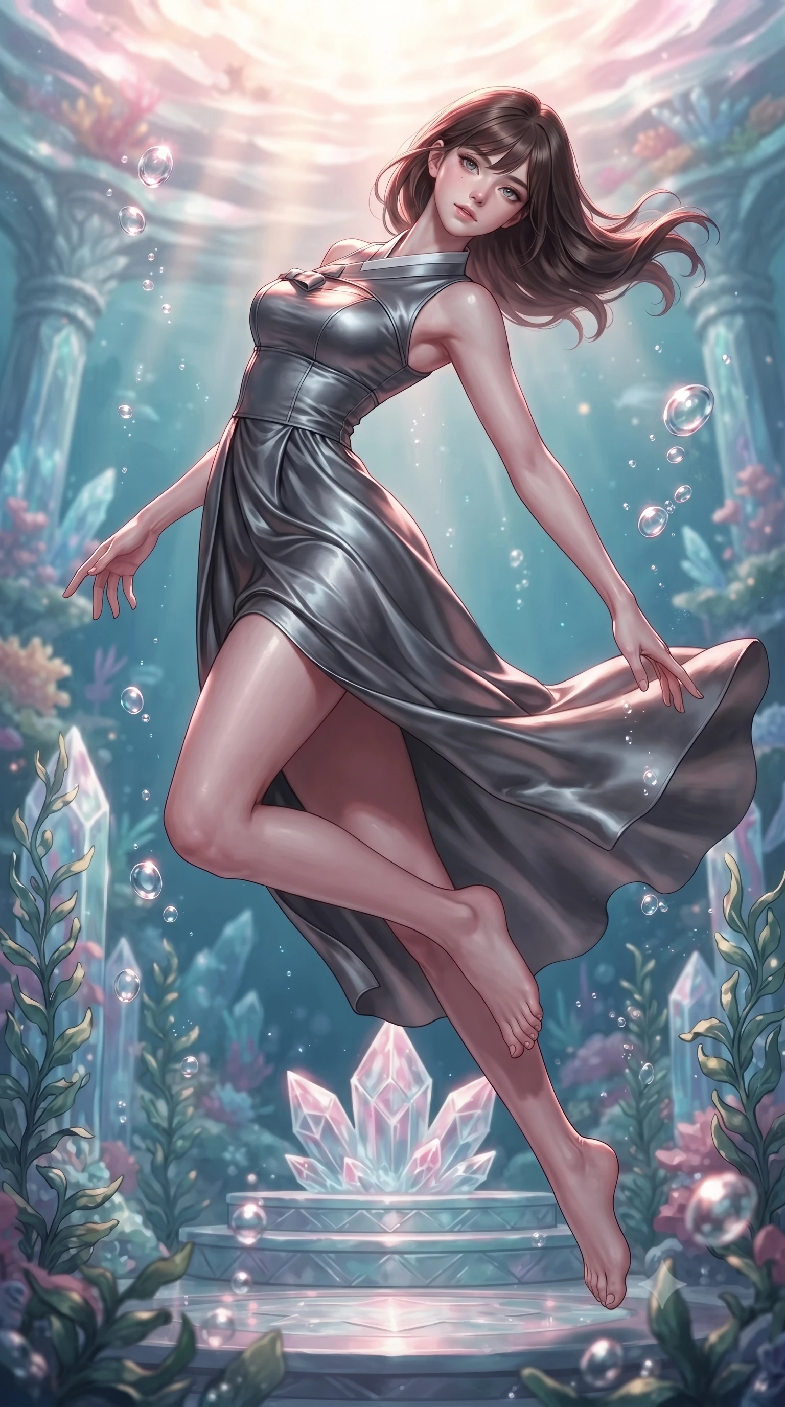score_9, masterpiece, best quality, ultra-detailed, high-budget anime keyframe, editorial fashion photography, tasteful artistic composition, Korean woman. low angle full-body shot from head to toe showing her feet, filling the entire 9:16 vertical frame with her statuesque presence, stretching her vertical silhouette. performing an athletic mid-air rotation with flawless poise, her vertical silhouette beautifully stretched while pivoting her torso in an S-curve alignment over a crystal water altar flanked by sea vines, rising underwater bubbles casting pearl-white specular highlights on her skin. She has an absolutely perfect, statuesque 8.5-heads proportion, an exceptionally tall and slender model-like female figure with impossibly long slender legs and an ultra-slim waist. sharp v-shaped jawline, high-bridge nose, intricate jewel-like eyes with depth, thick eyelashes, glossy lips with a natural sheen, flawlessly proportioned anatomical accuracy, natural body alignment, perfectly sculpted elegant limbs, clean dynamic posture without body distortion. wearing a modern fusion silk hanbok dress with a structured bodice and flowing skirt in charcoal grey and platinum, crafted from lustrous satin jersey with fluid draping, accented with a Tasteful chest slit framing her clavicle gracefully, the glove-like fit emphasizing her statuesque silhouette during motion. illuminated by radiant pink bioluminescence and warm golden top lighting. ultra-reflective glossy finish, specular highlights, metallic sheen, high-contrast stereoscopic depth, volumetric dynamic lighting, 2k, ultra detail, master piece, 9:16 ratio