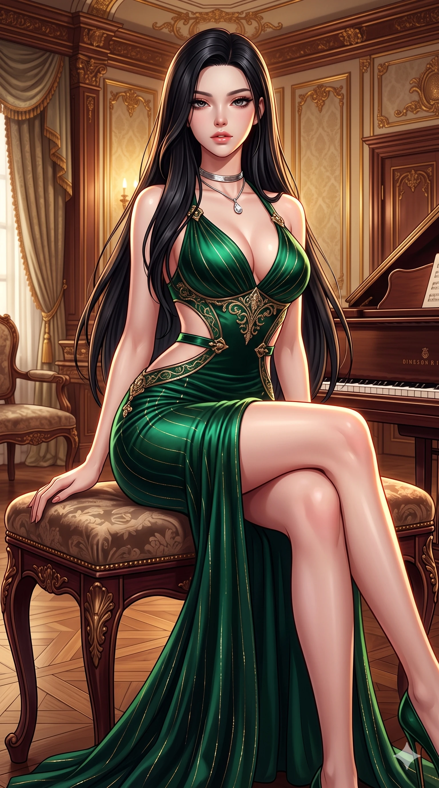score_9, masterpiece, best quality, ultra-detailed, high-budget anime keyframe, semi-realistic 3D game render, editorial fashion photography, tasteful artistic composition, Korean woman. close-up cowboy shot from the waist and thighs up, the character dominates the composition, filling the frame with her large presence. perched sideways on the vintage settee, one knee drawn up to showcase her slender leg line while her arched back accentuates her feminine hip curve while perched sideways on the velvet-upholstered music bench, one knee drawn up to showcase her slender leg line while her arched back accentuates her feminine hip curve. The surrounding environment is rendered in vivid detail and crisp panoramic clarity: detailed mermaid gown tailoring, architectural open-waist cutouts, and vintage aristocratic furnishings in razor-sharp precision. She has an exceptionally elegant, slender, and willowy female figure with an ultra-slim waist, flat toned midriff, narrow ribcage, and sculpted feminine hips creating an alluring, slim hourglass silhouette without bulk. sharp v-shaped jawline, high-bridge nose, intricate jewel-like sparkling eyes with depth, thick eyelashes, glossy parted lips with a natural sheen, intensely captivating and seductive bedroom-eyes expression, exuding both youthful cute charm and sovereign luxury allure, flawlessly proportioned anatomical accuracy, strict slender model proportions, natural body alignment, perfectly sculpted long slender limbs, ultra-slim waistline, clean dynamic posture without body distortion. wearing a tailored liquid velvet bodycon dress with metallic fiber pinstripes following her statuesque 8.5-heads silhouette in deep emerald green satin and gold hardware accents, woven from buttery-soft stretch lambskin leather adhering to her body like a second skin, finished with a minimalist chrome choker and a single teardrop diamond pendant, the impeccably tailored cut draping gracefully along her slender figure with aristocratic poise. illuminated by polished rosewood bounce and sharp amber-gold rim lights sculpting her razor-sharp jawline, narrow waist, and curvy hips. highly saturated vibrant anime colors, detailed shading with soft gradients, rich glossy textures, high-contrast stereoscopic depth, volumetric dynamic lighting, master piece, 9:16 ratio