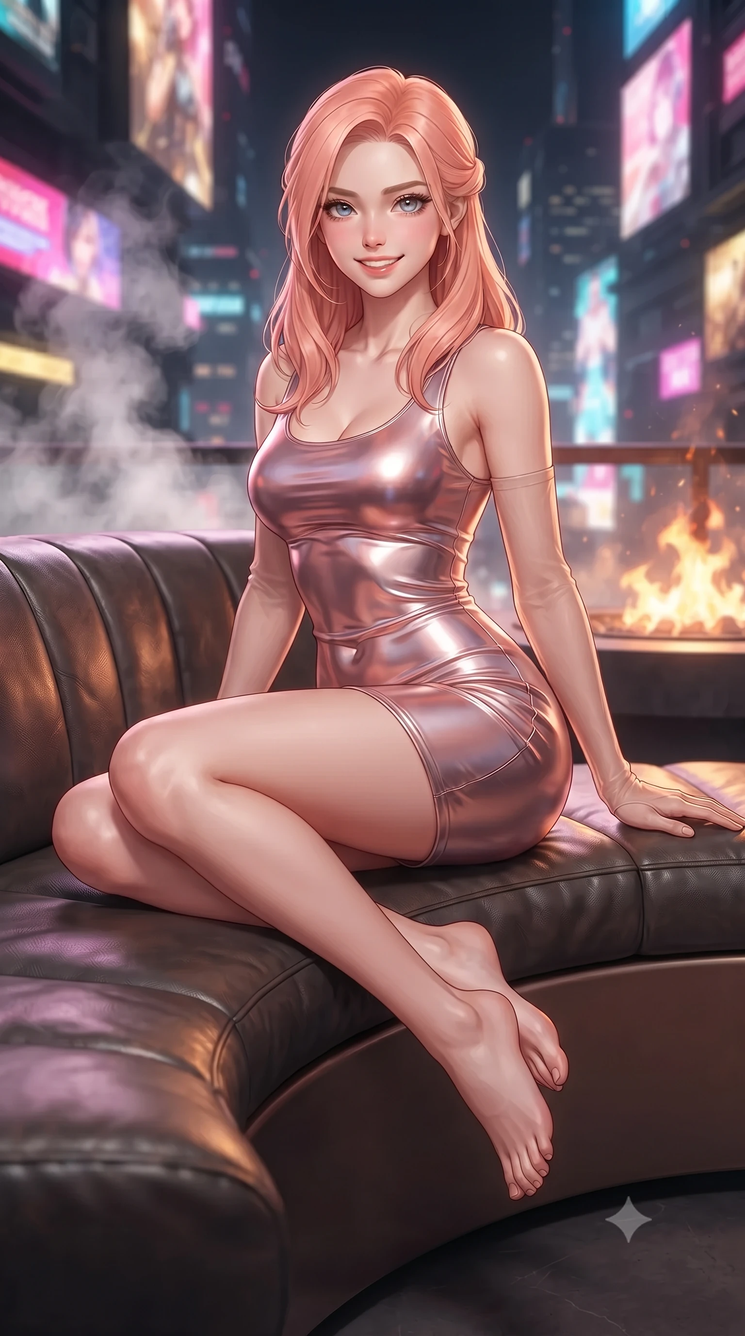 score_9, masterpiece, best quality, ultra-detailed, high-budget anime keyframe, editorial fashion photography, tasteful artistic composition, Japanese woman. close-up cowboy shot from the waist and thighs up, the character dominates the composition, filling the frame with her large presence. perched sideways on the lounge seat, one knee drawn up to showcase her slender leg line while her arched back accentuates her feminine hip curve while sitting gracefully on the futuristic curved leather banquette with legs crossed, her statuesque 8.5-heads silhouette commanding the skyline. The background shows a soft-focus wisps of rooftop exhaust steam softened in ultra-luxury cyberpunk penthouse shallow focus. She has an exceptionally elegant, slender, and willowy female figure with an ultra-slim waist, flat toned midriff, narrow ribcage, and sculpted feminine hips creating an alluring, slim hourglass silhouette without bulk. sharp v-shaped jawline, high-bridge nose, intricate jewel-like sparkling eyes with depth, thick eyelashes, glossy parted lips with a natural peach sheen, bright cheerful beaming smile with an enchanting and coquettish sensual glint, exuding both youthful cute charm and seductive allure, flawlessly proportioned anatomical accuracy, strict slender model proportions, natural body alignment, perfectly sculpted long slender limbs, ultra-slim waistline, clean dynamic posture without body distortion. wearing a liquid chrome second-skin bodycon knit dress hugging every curve of her hourglass frame with metallic luster in Solaris liquid rose-quartz and alien peach, crafted from fluid liquid silk satin that clings smoothly to her narrow waist and rounded hips with a dewy sheen, complemented by sheer opera-length evening gloves tracing her slender arms, the form-contouring silhouette accentuating her sculpted flat midriff, narrow delicate ribcage, and gracefully curvy hips with intoxicating allure. bathed in the dynamic multi-colored ambient glow of mammoth holographic billboards contrasted with warm fire pit flames. ultra-reflective glossy finish, specular highlights, rich textural contrasts, high-contrast stereoscopic depth, volumetric dynamic lighting, 2k, ultra detail, master piece, 9:16 ratio