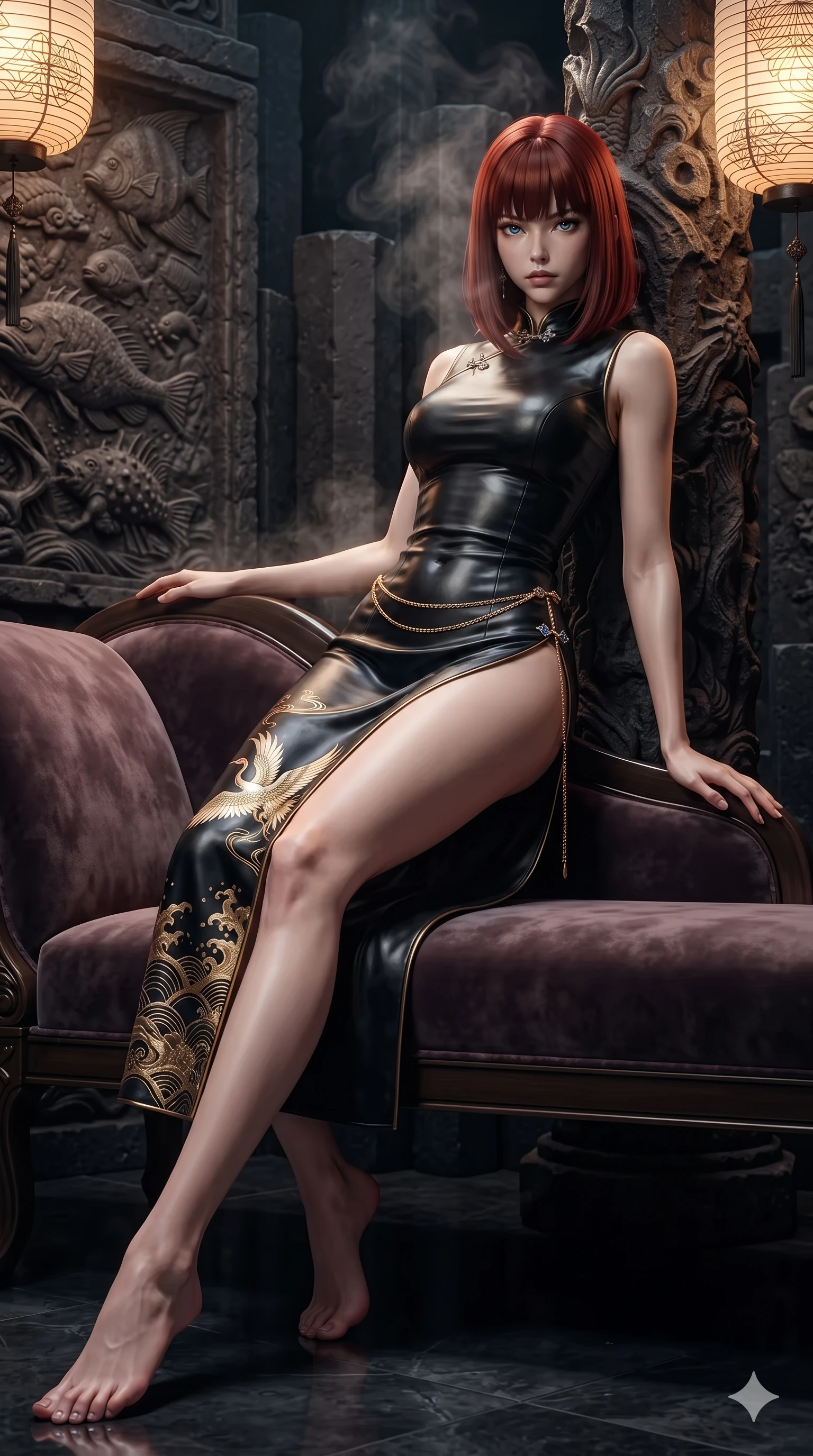 score_9, masterpiece, best quality, ultra-detailed, high-budget anime keyframe, editorial fashion photography, tasteful artistic composition, Caucasian woman. low angle full-body shot from head to toe showing her feet, filling the entire 9:16 vertical frame with her statuesque presence, stretching her vertical silhouette. reclining gracefully across the plush chaise lounge with one leg extended, her sculpted silhouette and flat midriff radiating magnetic nocturnal glamour while leaning against the carved volcanic column with hips cocked back, casting an alluring bedroom-gaze through rising mineral steam motes. The surrounding environment is rendered in vivid detail and crisp panoramic clarity: sharp columnar basalt geometry, textured stone carving reliefs, and crisp paper lantern crease lines in deep focus. She has an exceptionally tall and slender model-like 8.5-heads proportion, an ultra-slim waist, a flat toned midriff, narrow delicate ribcage, and beautifully sculpted feminine hips creating a graceful, slim hourglass silhouette without any bulky heaviness, with impossibly long slender legs. sharp v-shaped jawline, high-bridge nose, intricate jewel-like sparkling eyes with depth, thick eyelashes, glossy parted lips with a natural sheen, intensely captivating and seductive bedroom-eyes expression, exuding both youthful cute charm and sovereign luxury allure, flawlessly proportioned anatomical accuracy, strict slender model proportions, natural body alignment, perfectly sculpted long slender limbs, ultra-slim waistline, clean dynamic posture without body distortion. wearing an alluring high-slit wrap cheongsam secured by miniature jeweled clasps and revealing the curve of her hip in cosmic eclipse amber and starlight diamond, woven from buttery-soft stretch lambskin leather adhering to her body like a second skin, accented with a delicate gold chain belt resting loosely on her curvy hips, the glove-like clinging cut tightly following the natural contour of her hips and long slender legs with youthful 8.5-heads elegance. illuminated by water reflection bounce and sharp amber-gold rim lights sculpting her razor-sharp jawline, narrow waist, and curvy hips. ultra-reflective glossy finish, specular highlights, rich textural contrasts, high-contrast stereoscopic depth, volumetric dynamic lighting, 2k, ultra detail, master piece, 9:16 ratio
