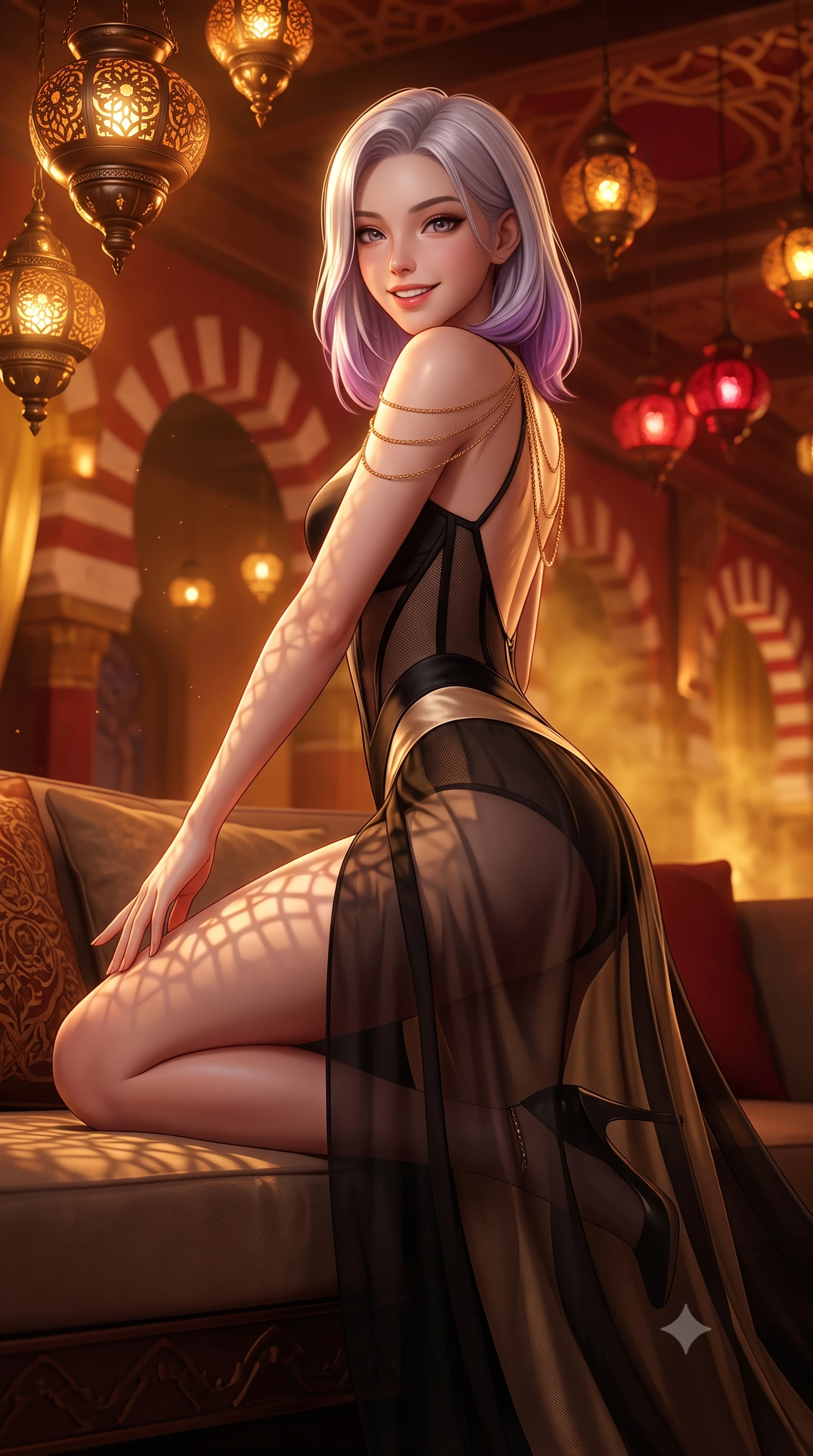 score_9, masterpiece, best quality, ultra-detailed, high-budget anime keyframe, semi-realistic 3D game render, editorial fashion photography, tasteful artistic composition, Caucasian woman. close-up cowboy shot from the waist and thighs up, the character dominates the composition, filling the frame with her large presence. perched sideways on the lounge seat, one knee drawn up to showcase her slender leg line while her arched back accentuates her feminine hip curve while twisting her slender torso in an alluring S-curve, hanging pierced bronze oil lamps casting lace-like shadow patterns across her flat midriff and hips. The background shows a soft-focus endless repeating red-and-white striped horseshoe arches extending into golden haze, hanging pierced oil lamps blurred into ruby, topaz, and amber bokeh. She has an exceptionally elegant, slender, and willowy female figure with an ultra-slim waist, flat toned midriff, narrow ribcage, and sculpted feminine hips creating an alluring, slim hourglass silhouette without bulk. sharp v-shaped jawline, high-bridge nose, intricate jewel-like sparkling eyes with depth, thick eyelashes, glossy parted lips with a natural peach sheen, bright cheerful beaming smile with an enchanting and coquettish sensual glint, exuding both youthful cute charm and seductive allure, flawlessly proportioned anatomical accuracy, strict slender model proportions, natural body alignment, perfectly sculpted long slender limbs, ultra-slim waistline, clean dynamic posture without body distortion. wearing a provocative translucent mesh corset bodice with boned satin channels paired with a sheer chiffon wrap maxi skirt in deep midnight obsidian black and champagne gold, featuring strategic sheer-illusion tulle side panels framing her ribcage and hips, accented with an open-back drape framed by falling strands of delicate gold chains, the impeccably tailored cut draping gracefully along her slender figure with aristocratic poise. bathed in the warm mystical 2300K amber glow of hanging bronze lantern lamps dimmed to an evening ceremony ambiance. highly saturated vibrant anime colors, detailed shading with soft gradients, rich glossy textures, high-contrast stereoscopic depth, volumetric dynamic lighting, master piece, 9:16 ratio