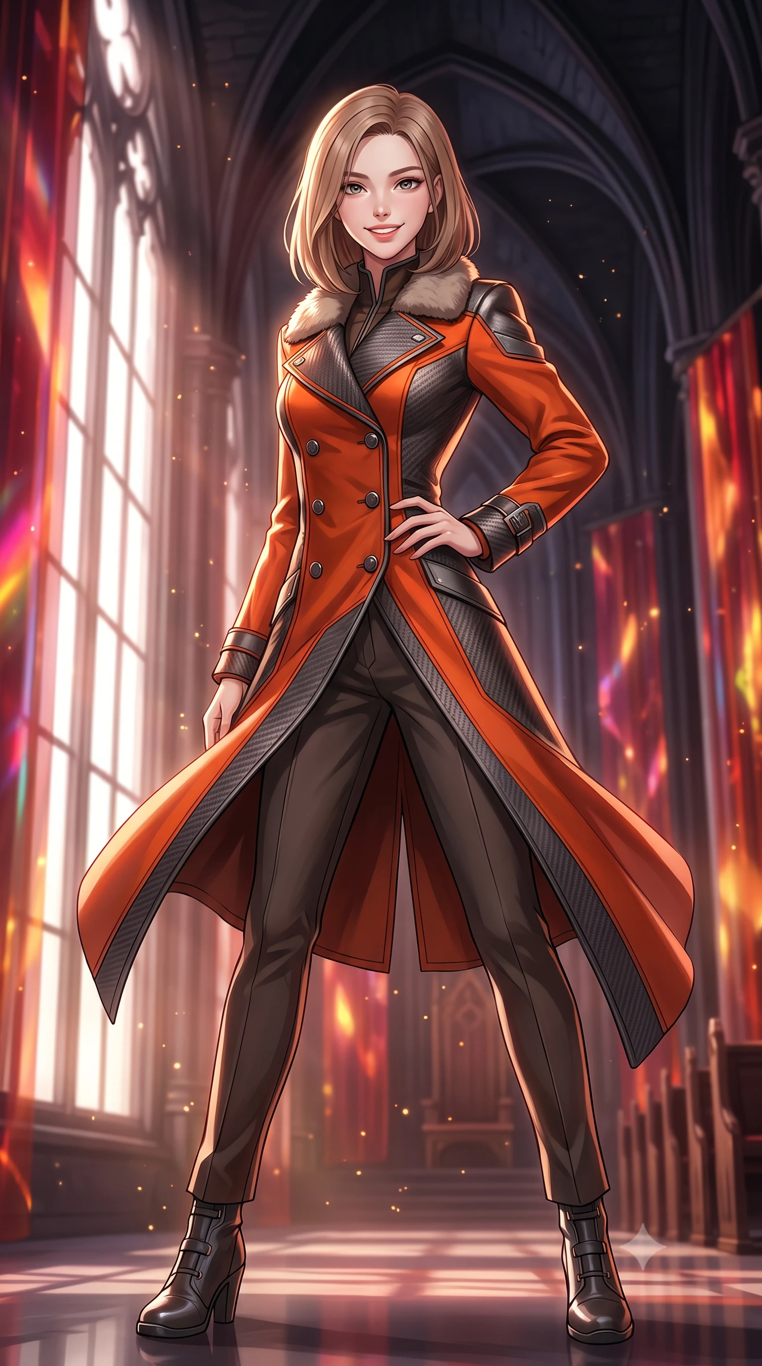 score_9, masterpiece, best quality, ultra-detailed, high-budget anime keyframe, semi-realistic 3D game render, editorial fashion photography, tasteful artistic composition, Korean woman. low angle full-body shot from head to toe showing her feet, filling the entire 9:16 vertical frame with her statuesque presence, stretching her vertical silhouette. posing in a classic haute-couture S-curve stance beside the floor-to-ceiling window, looking over a bare shoulder with magnetic presence while standing poised at the center of the monumental gothic-sci-fi throne room beneath soaring obsidian rib vaults, arching her lower back with sovereign diva charisma. The background shows a soft-focus golden dust motes shimmering in spotlight beams softened in grand star-fortress cathedral shallow focus. She has an exceptionally tall and slender model-like 8.5-heads proportion, an ultra-slim waist, a flat toned midriff, narrow delicate ribcage, and beautifully sculpted feminine hips creating a graceful, slim hourglass silhouette without any bulky heaviness, with impossibly long slender legs. sharp v-shaped jawline, high-bridge nose, intricate jewel-like sparkling eyes with depth, thick eyelashes, glossy parted lips with a natural peach sheen, bright cheerful beaming smile with an enchanting and coquettish sensual glint, exuding both youthful cute charm and seductive allure, flawlessly proportioned anatomical accuracy, strict slender model proportions, natural body alignment, perfectly sculpted long slender limbs, ultra-slim waistline, clean dynamic posture without body distortion. wearing a futuristic double-breasted arctic combat officer greatcoat with thermal fur-lined collar and tailored wool trousers in volcanic ember orange and brushed gunmetal, woven from structured carbon-fiber jacquard with rich textural depth, finished with sleek magnetic buckle closures fluttering in the breeze, the impeccably tailored cut draping gracefully along her slender figure with aristocratic poise. bathed in warm 2600K golden spotlight radiance combined with ruby and amber holographic curtain glow. highly saturated vibrant anime colors, detailed shading with soft gradients, rich glossy textures, high-contrast stereoscopic depth, volumetric dynamic lighting, master piece, 9:16 ratio