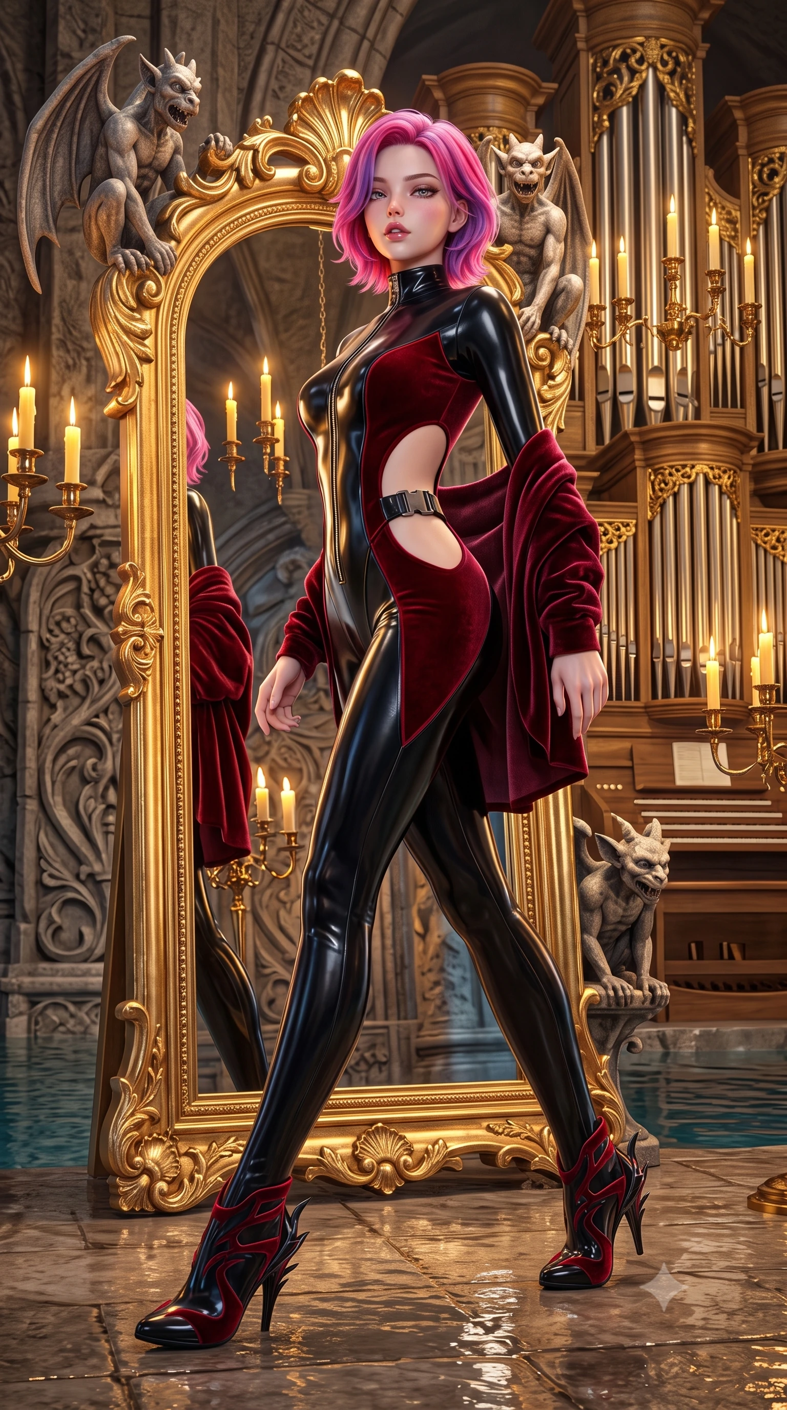 score_9, masterpiece, best quality, ultra-detailed, high-budget anime keyframe, semi-realistic 3D game render, editorial fashion photography, tasteful artistic composition, Caucasian woman. low angle full-body shot from head to toe showing her feet, filling the entire 9:16 vertical frame with her statuesque presence, stretching her vertical silhouette. striding forward in a proud supermodel runway stride, hips swaying in an alluring kinetic rhythm that accentuates her curvy hourglass silhouette while leaning against an ornate gilded floor mirror surrounded by floating candelabras, looking over her shoulder at her own reflection with parted glossy lips. The surrounding environment is rendered in vivid detail and crisp panoramic clarity. sharp carved gothic gargoyle textures, gilded organ pipe polish, and wet cavern flagstones in deep focus. She has an exceptionally tall and slender model-like 8.5-heads proportion, an ultra-slim waist, a flat toned midriff, narrow delicate ribcage, and beautifully sculpted feminine hips creating a graceful, slim hourglass silhouette without any bulky heaviness, with impossibly long slender legs. sharp v-shaped jawline, high-bridge nose, intricate jewel-like eyes with depth, thick eyelashes, glossy parted lips with a natural sheen, intensely captivating and seductive bedroom-eyes expression, flawlessly proportioned anatomical accuracy, strict slender model proportions, natural body alignment, perfectly sculpted long slender limbs, ultra-slim waistline, clean dynamic posture without body distortion. wearing a high-collar speedsuit featuring bold side-torso cutouts and quick-release titanium buckles in phantom obsidian black and blood-red velvet, tailored from second-skin aerodynamic stretch vinyl with specular wet sheen, complemented by a plush velvet shawl draped loosely over her elbows, the second-skin form-contouring cut accentuating her sculpted flat midriff, narrow delicate ribcage, and gracefully curvy hips with supermodel precision. bathed in warm golden candelabra flicker from all sides and soft subterranean lake water reflections. highly saturated vibrant anime colors, detailed shading with soft gradients, rich glossy textures, high-contrast stereoscopic depth, volumetric dynamic lighting, master piece, 9:16 ratio