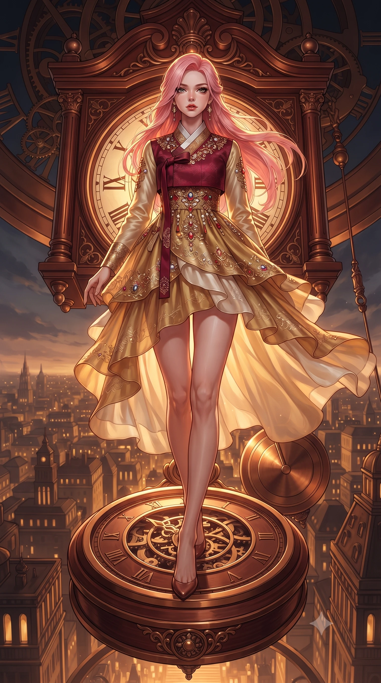 score_9, masterpiece, best quality, ultra-detailed, high-budget anime keyframe, editorial fashion photography, tasteful artistic composition, Japanese woman. low angle full-body shot from head to toe showing her feet, filling the entire 9:16 vertical frame with her statuesque presence, stretching her vertical silhouette. stepping forward with proud posture, filling the vertical frame with her magnetic presence poised on a massive mechanical clock pendulum swinging over a golden city, rich mahogany and polished bronze textures reflecting warm hearth light. She has an absolutely perfect, statuesque 8.5-heads proportion, an exceptionally tall and slender model-like female figure with impossibly long slender legs and an ultra-slim waist. sharp v-shaped jawline, high-bridge nose, intricate jewel-like eyes with depth, thick eyelashes, glossy lips with a natural sheen. wearing a modern fusion silk hanbok dress with a structured bodice and flowing chiffon skirt, the glove-like fit emphasizing her statuesque silhouette. surrounded by warm hearth light and dramatic bronze rim highlights. ultra-reflective glossy finish, specular highlights, metallic sheen, high-contrast stereoscopic depth, volumetric dynamic lighting, 2k, ultra detail, master piece, 9:16 ratio