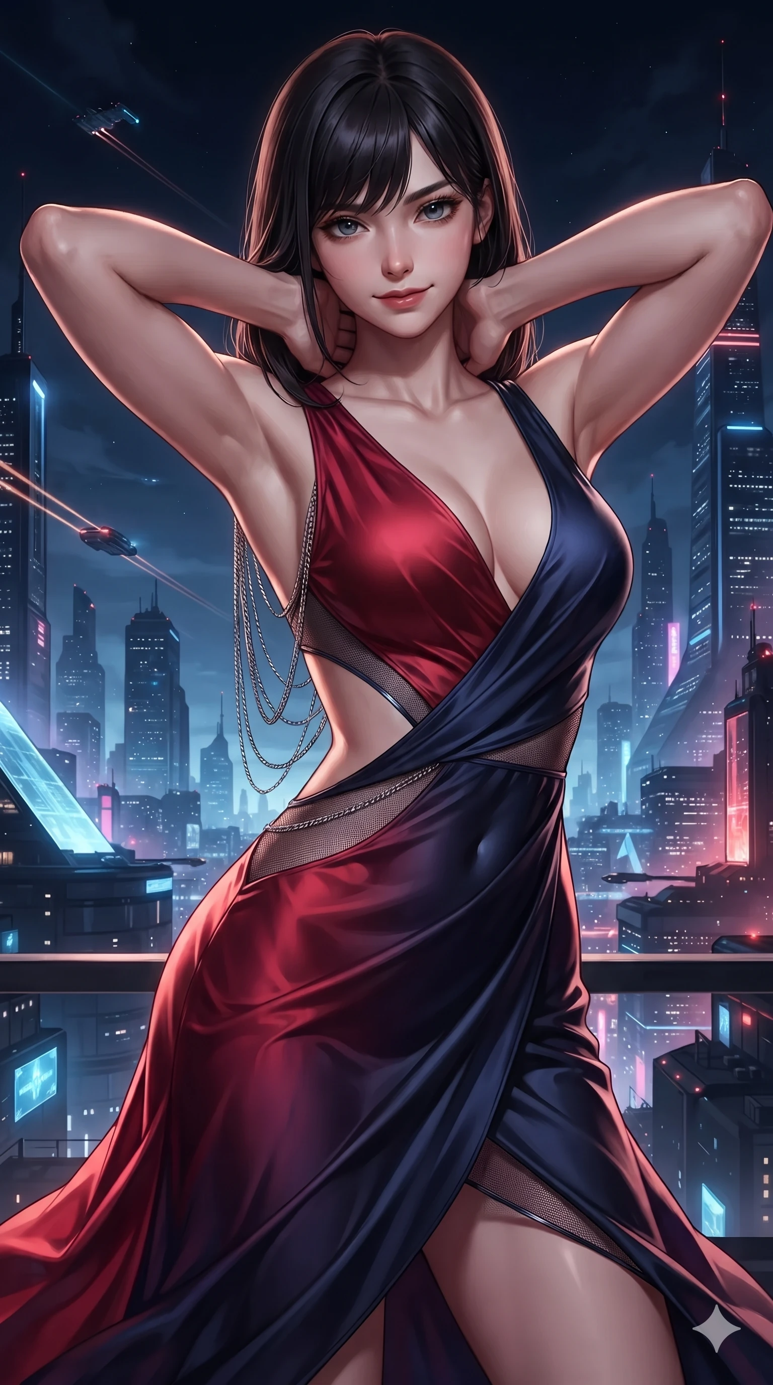 score_9, masterpiece, best quality, ultra-detailed, high-budget anime keyframe, editorial fashion photography, tasteful artistic composition, Korean woman. close-up cowboy shot from the waist and thighs up, the character dominates the composition, filling the frame with her large presence. resting both hands lightly behind her neck with elbows raised, arching her spine to highlight her narrow waist, flat midriff, and breathtaking collarbones while twisting her slender torso in an alluring contrapposto stance, night breezes fluttering her gown and tracing her narrow waist and curvy hips. The surrounding environment is rendered in vivid detail and crisp panoramic clarity: detailed asymmetric liquid mercury metallic mini dress tailoring, sheer mesh inserts, and night-sky architecture in razor-sharp precision. She has an exceptionally elegant, slender, and willowy female figure with an ultra-slim waist, flat toned midriff, narrow ribcage, and sculpted feminine hips creating an alluring, slim hourglass silhouette without bulk. sharp v-shaped jawline, high-bridge nose, intricate jewel-like dark sparkling eyes with dangerous depth, thick curled eyelashes, glossy parted lips with a rich wine sheen, smoldering seductive half-smile with bedroom-eyes, exuding effortless superiority and intoxicating dark allure, flawlessly proportioned anatomical accuracy, strict slender model proportions, natural body alignment, perfectly sculpted long slender limbs, ultra-slim waistline, clean dynamic posture without body distortion. wearing a slinky deep-V liquid jersey cocktail dress with waist cutout accentuating her hourglass curves in Tokyo Tower scarlet crimson and midnight indigo, tailored from smooth liquid silk satin that clings smoothly to her narrow waist and rounded hips with a dewy sheen, accented with an open-back drape framed by falling strands of delicate chrome chains, the impeccably tailored cut draping gracefully along her slender figure with aristocratic noir poise. illuminated by terrace accent uplights and sharp rose-gold rim lights sculpting her razor-sharp jawline, narrow waist, and curvy hips. ultra-reflective glossy finish, specular highlights, rich textural contrasts, high-contrast stereoscopic depth, volumetric dynamic lighting, 2k, ultra detail, master piece, 9:16 ratio