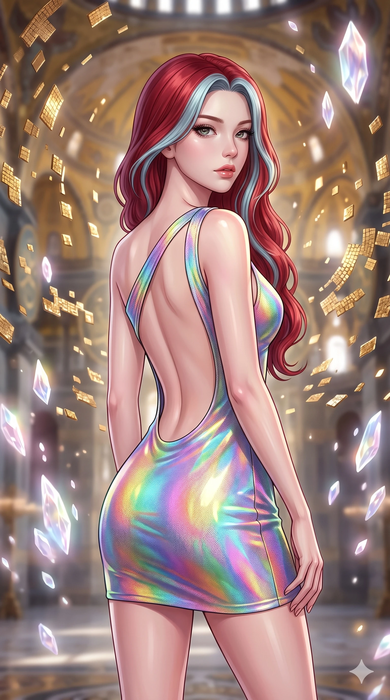 score_9, masterpiece, best quality, ultra-detailed, high-budget anime keyframe, editorial fashion photography, tasteful artistic composition, Caucasian woman, strictly human ears. close-up cowboy shot from the waist and thighs up, the character dominates the composition, filling the frame with her large presence, background elements kept in soft focus. Gazing past the camera with an air of effortless superiority. set against a soft-focus background of a grand Byzantine hall where millions of golden mosaic tiles detach from the walls and ceiling to float and rearrange themselves into new sacred patterns mid-air shimmering with metallic luster. She has an exceptionally elegant and slender, willowy female figure with an ultra-slim waist, a gracefully sculpted slender torso, and a refined slim physique. sharp v-shaped jawline, high-bridge nose, intricate jewel-like eyes with depth, thick eyelashes, glossy lips with a natural sheen. wearing a one-shoulder mini dress in a holographic rainbow colorway, with a dramatically scooped open back descending to the base of the spine. ethereal pearlescent light emanating from floating crystalline formations all around. 2k, ultra detail, master piece, 9:16 ratio