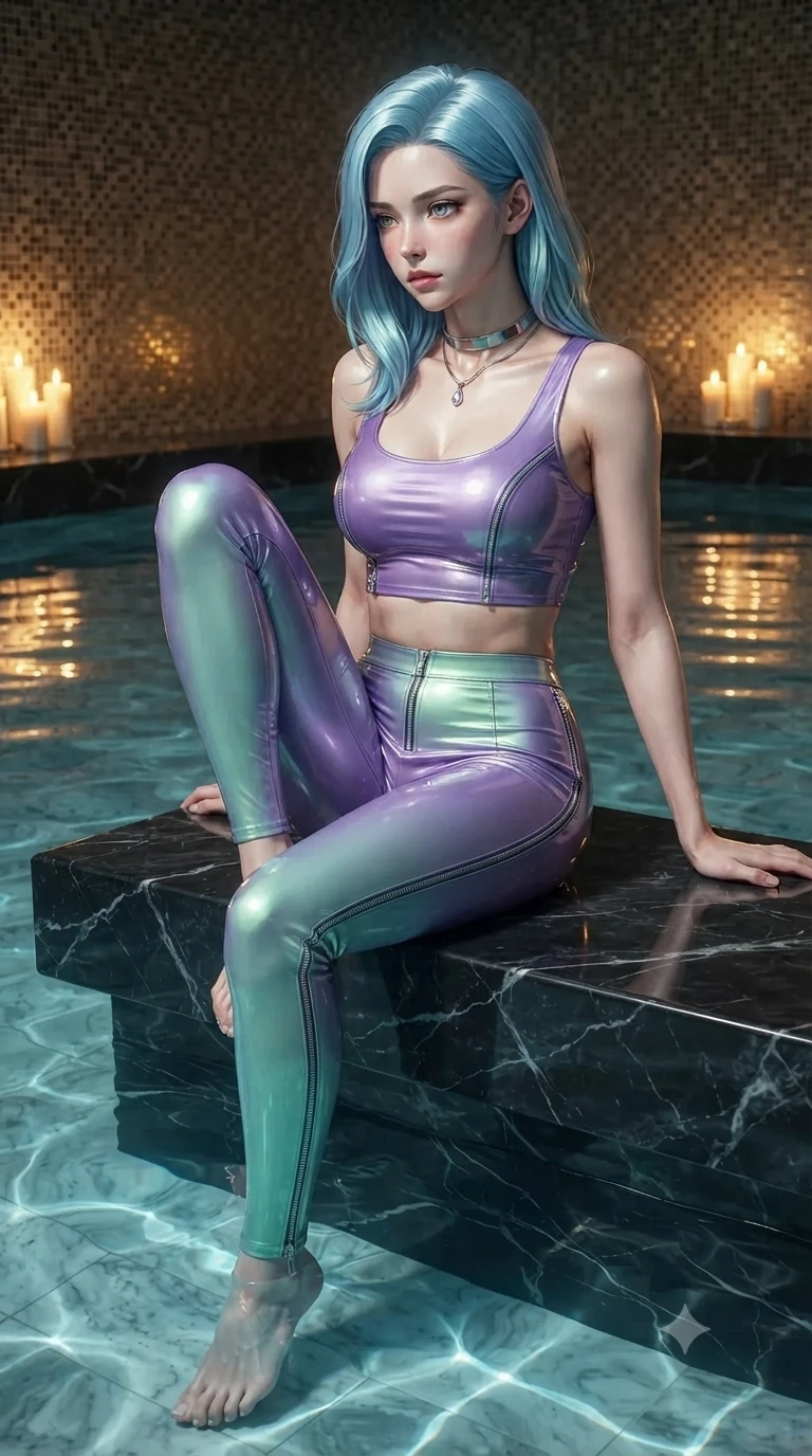 score_9, masterpiece, best quality, ultra-detailed, high-budget anime keyframe, editorial fashion photography, tasteful artistic composition, Korean woman. close-up cowboy shot from the waist and thighs up, the character dominates the composition, filling the frame with her large presence. perched sideways on the lounge seat, one knee drawn up to showcase her slender leg line while her arched back accentuates her feminine hip curve while sitting gracefully on the submerged black marble bench with legs crossed, her statuesque 8.5-heads silhouette commanding the luxury bath. The surrounding environment is rendered in vivid detail and crisp panoramic clarity: detailed wet-look liquid fabric drape, second-skin fit, and bespoke subterranean architecture in razor-sharp precision. She has an exceptionally elegant, slender, and willowy female figure with an ultra-slim waist, flat toned midriff, narrow ribcage, and sculpted feminine hips creating an alluring, slim hourglass silhouette without bulk. sharp v-shaped jawline, high-bridge nose, intricate jewel-like sparkling eyes with depth, thick eyelashes, glossy parted lips with a natural peach sheen, bright cheerful beaming smile with an enchanting and coquettish sensual glint, exuding both youthful cute charm and seductive allure, flawlessly proportioned anatomical accuracy, strict slender model proportions, natural body alignment, perfectly sculpted long slender limbs, ultra-slim waistline, clean dynamic posture without body distortion. wearing a glossy vinyl crop top and high-waist tailored leggings with sleek chrome zippers and exposed midriff in phosphorescent ultraviolet amethyst and mint green, woven from buttery-soft stretch lambskin leather adhering to her body like a second skin, finished with a minimalist chrome choker and a single teardrop diamond pendant, the form-contouring silhouette accentuating her sculpted flat midriff, narrow delicate ribcage, and gracefully curvy hips with intoxicating allure. bathed in warm 2200K golden candlelight mixed with underwater liquid gold thermal LEDs. ultra-reflective glossy finish, specular highlights, rich textural contrasts, high-contrast stereoscopic depth, volumetric dynamic lighting, 2k, ultra detail, master piece, 9:16 ratio